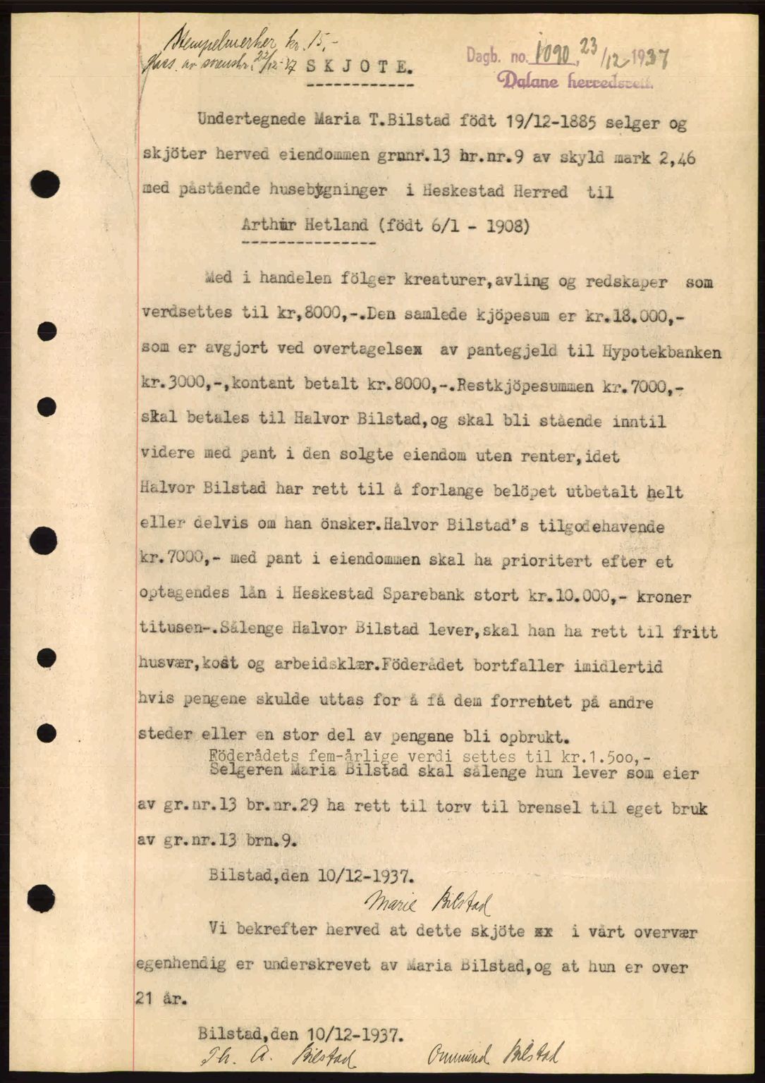 Dalane sorenskriveri, SAST/A-100309/02/G/Gb/L0041: Pantebok nr. A2, 1936-1937, Dagboknr: 1090/1937