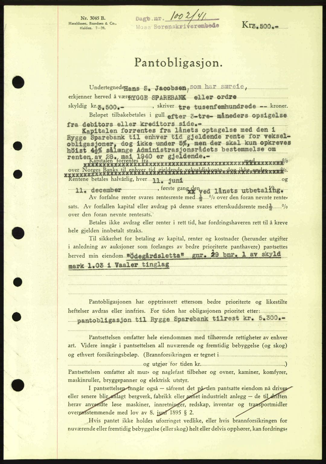 Moss sorenskriveri, SAO/A-10168: Pantebok nr. B10, 1940-1941, Dagboknr: 1002/1941