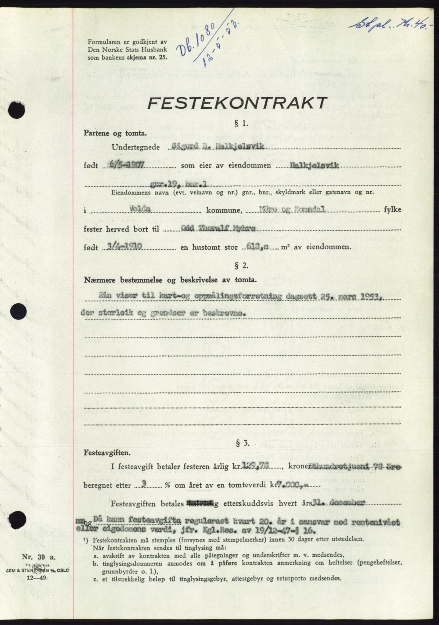 Søre Sunnmøre sorenskriveri, SAT/A-4122/1/2/2C/L0094: Pantebok nr. 20A, 1953-1953, Dagboknr: 1080/1953