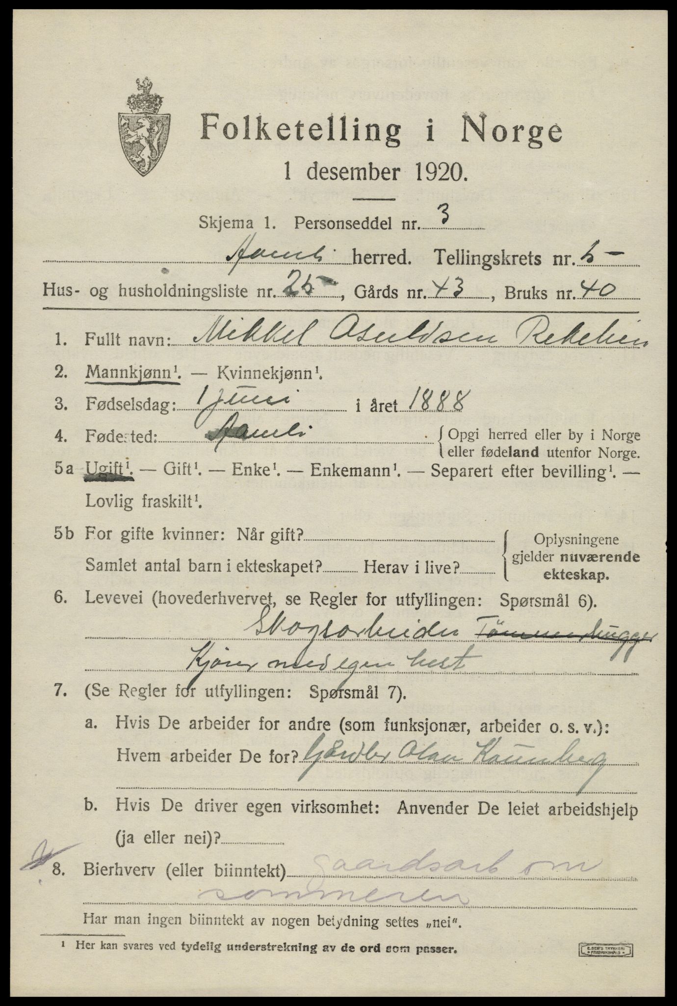 SAK, Folketelling 1920 for 0929 Åmli herred, 1920, s. 2579