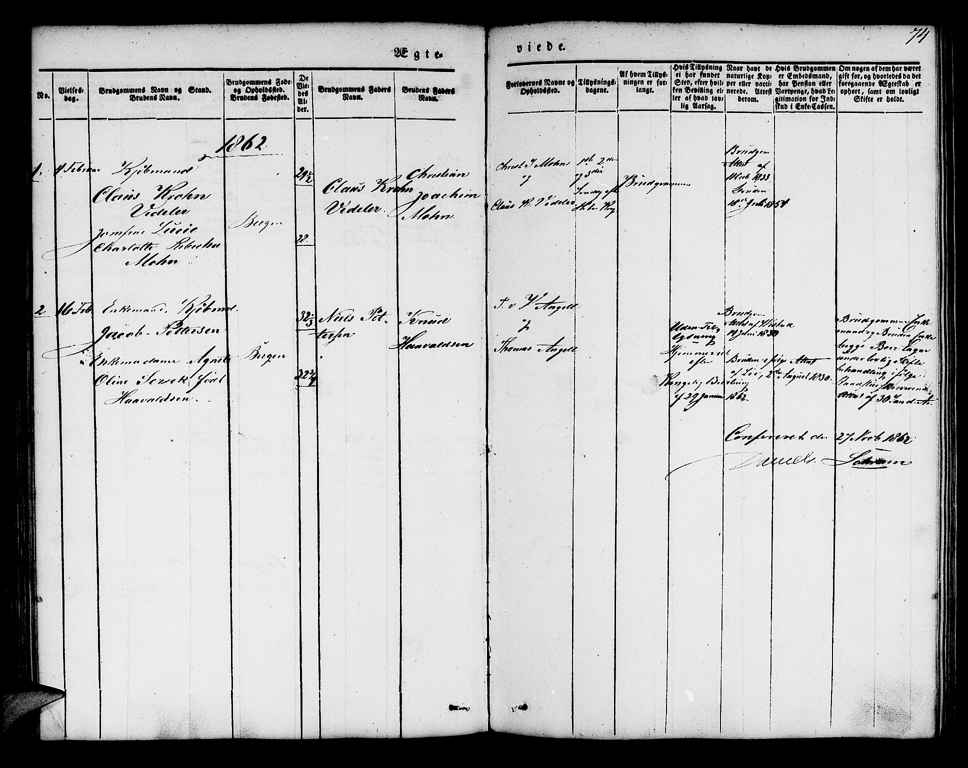 Mariakirken Sokneprestembete, AV/SAB-A-76901/H/Hab/L0002: Klokkerbok nr. A 2, 1846-1862, s. 74
