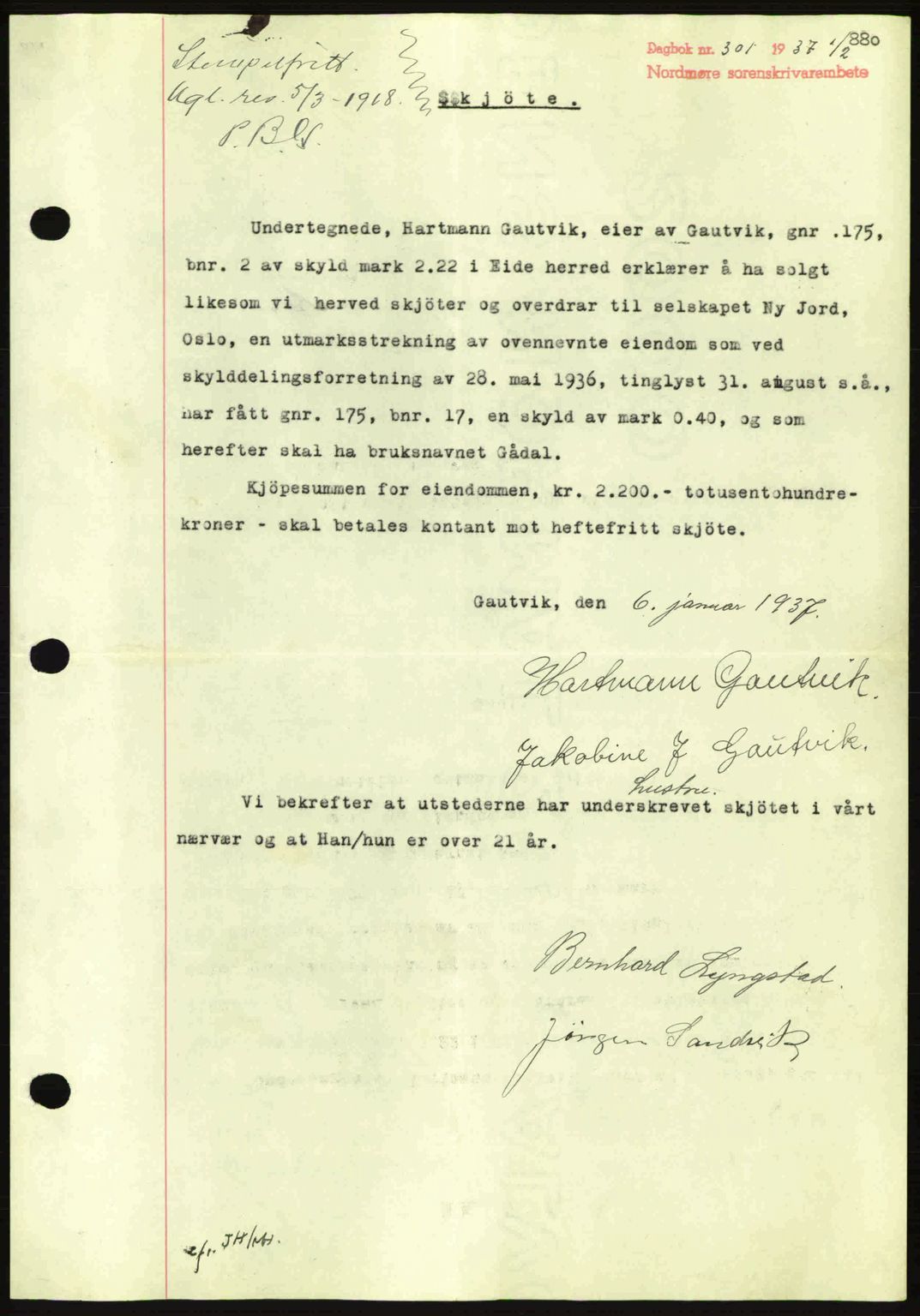 Nordmøre sorenskriveri, SAT/A-4132/1/2/2Ca: Pantebok nr. A80, 1936-1937, Dagboknr: 301/1937
