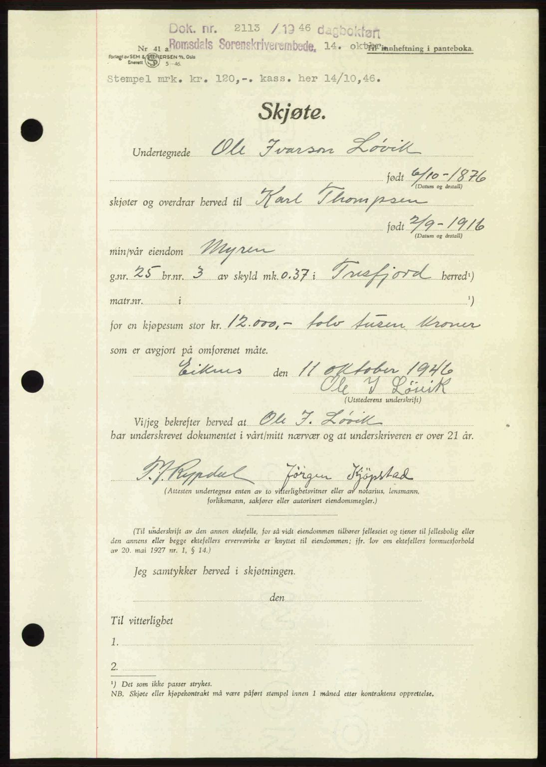Romsdal sorenskriveri, AV/SAT-A-4149/1/2/2C: Pantebok nr. A21, 1946-1946, Dagboknr: 2113/1946