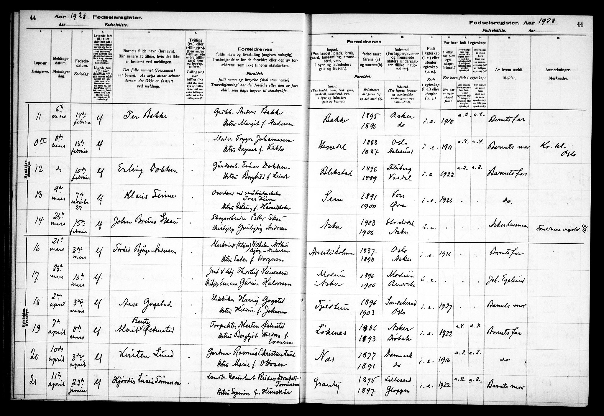 Asker prestekontor Kirkebøker, AV/SAO-A-10256a/J/L0002: Fødselsregister nr. 2, 1925-1938, s. 44