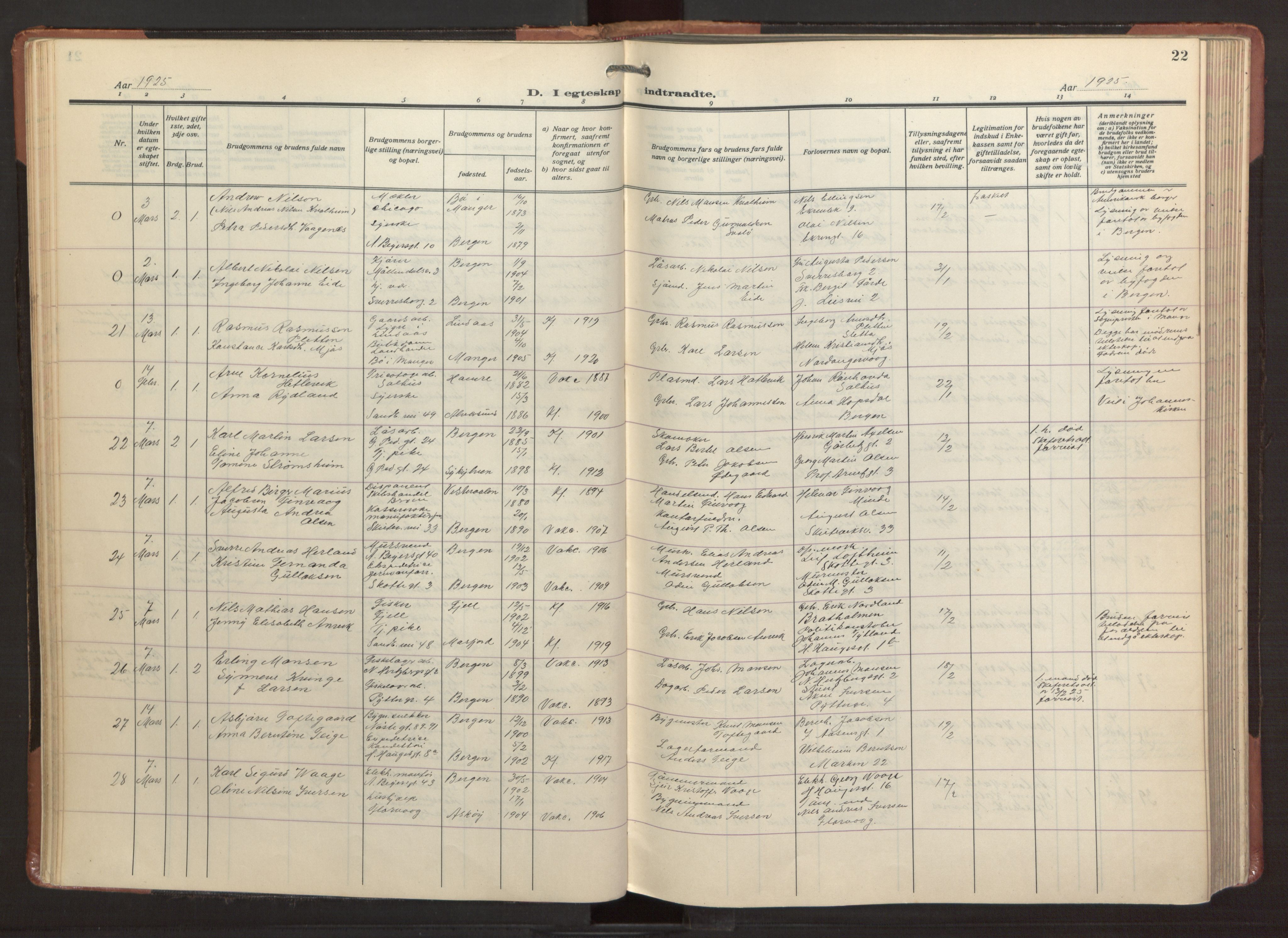 Sandviken Sokneprestembete, AV/SAB-A-77601/H/Ha/L0016: Ministerialbok nr. D 3, 1923-1940, s. 22