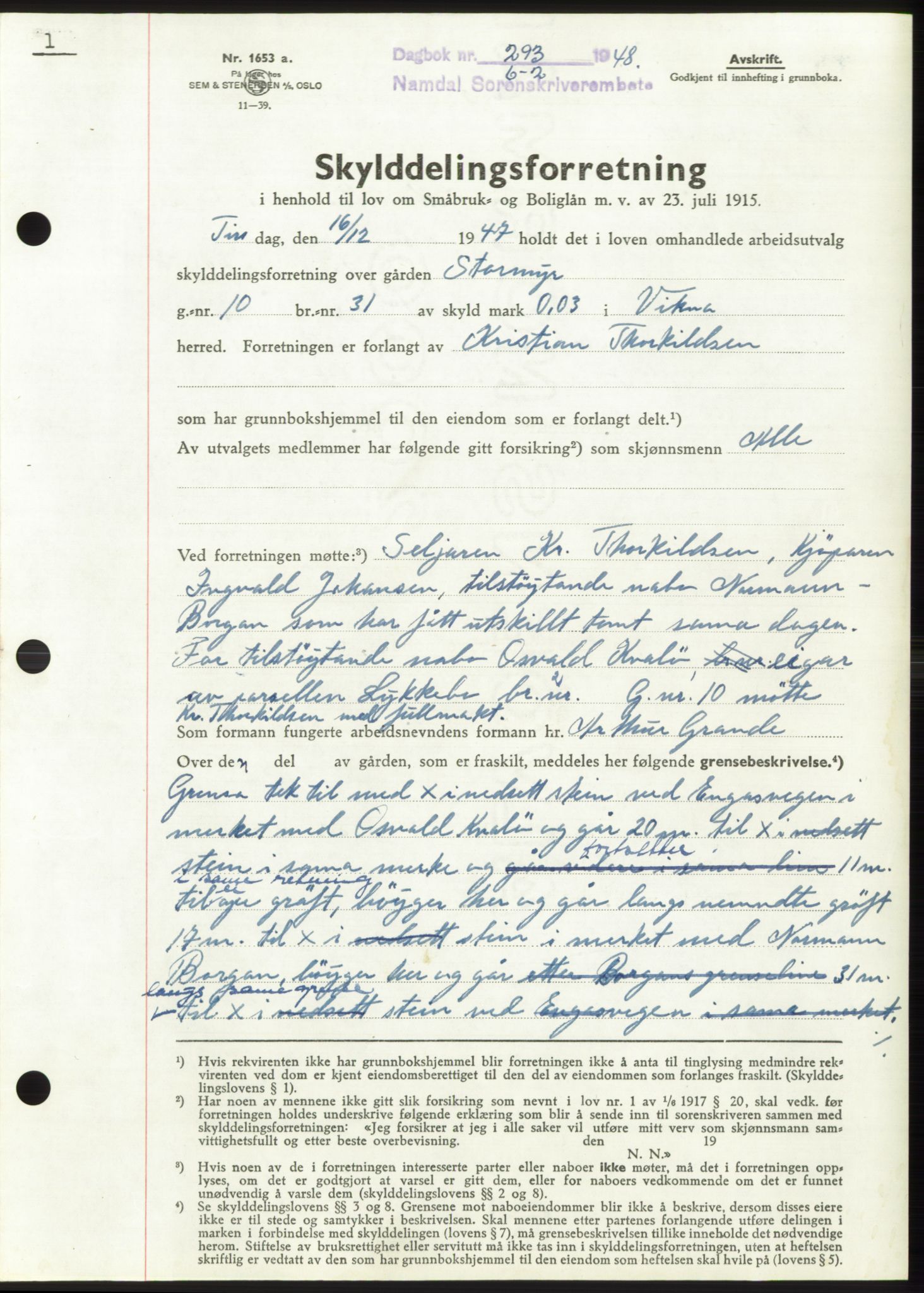 Namdal sorenskriveri, SAT/A-4133/1/2/2C: Pantebok nr. -, 1947-1948, Dagboknr: 293/1948