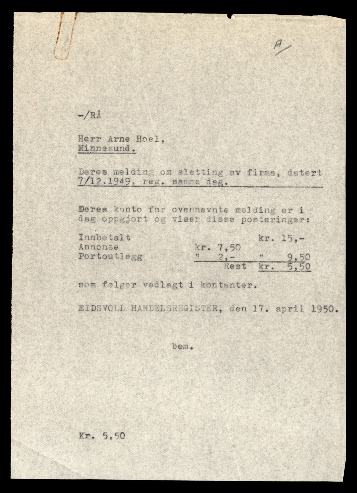 Eidsvoll tingrett, AV/SAT-A-10371/K/Kd/Kda/L0005:  Enkeltmannsforetak, Ho-Kj , 1944-1990, s. 3