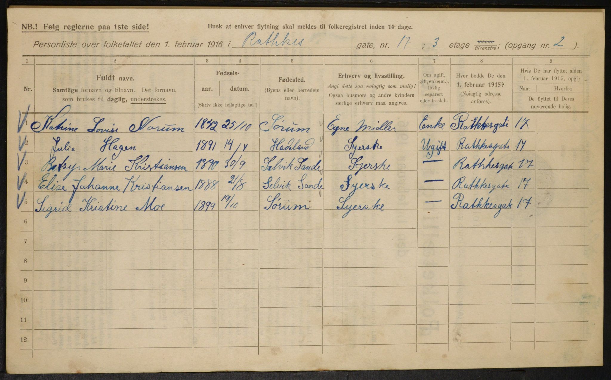 OBA, Kommunal folketelling 1.2.1916 for Kristiania, 1916, s. 84795