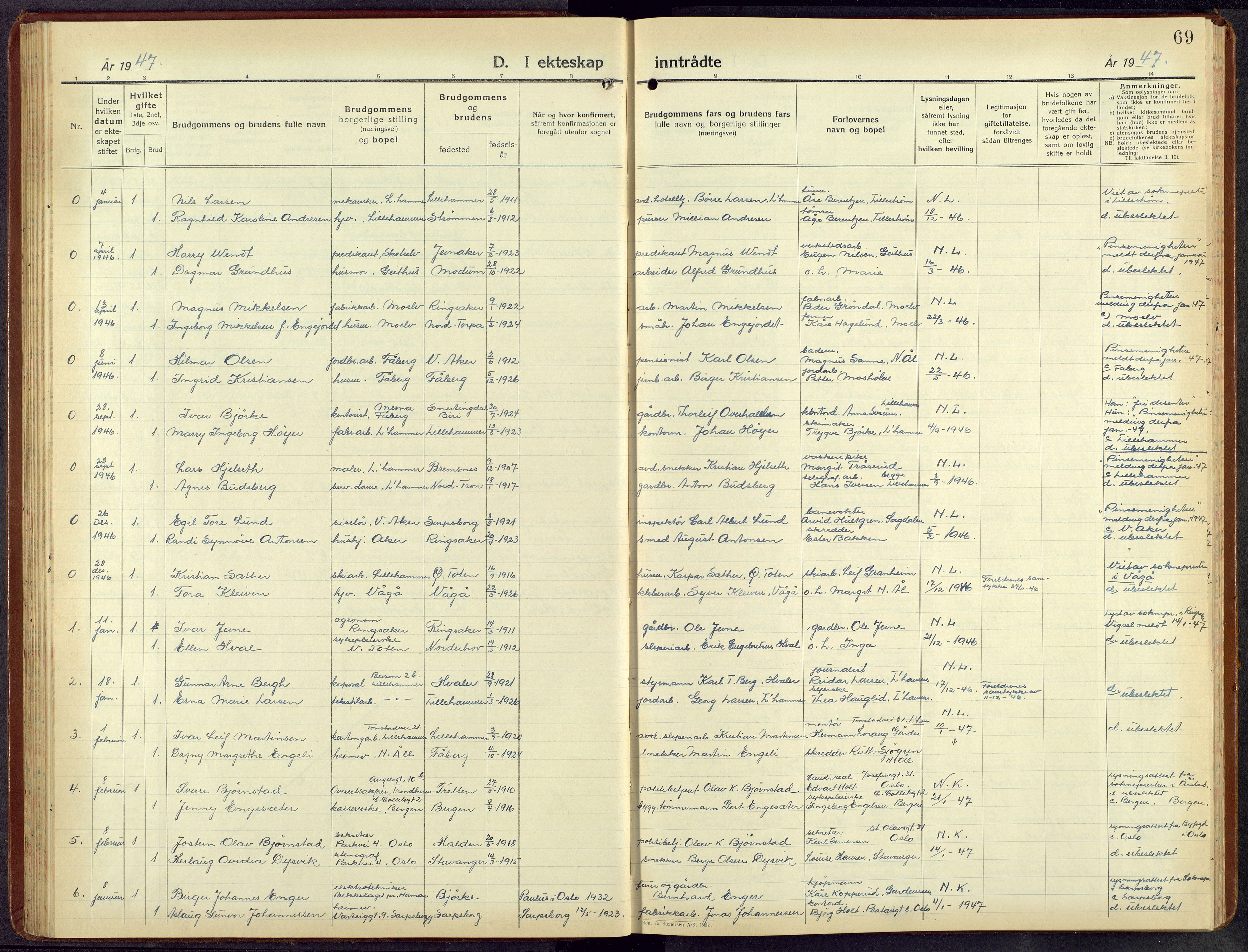 Lillehammer prestekontor, SAH/PREST-088/H/Ha/Hab/L0004: Klokkerbok nr. 4, 1940-1955, s. 69