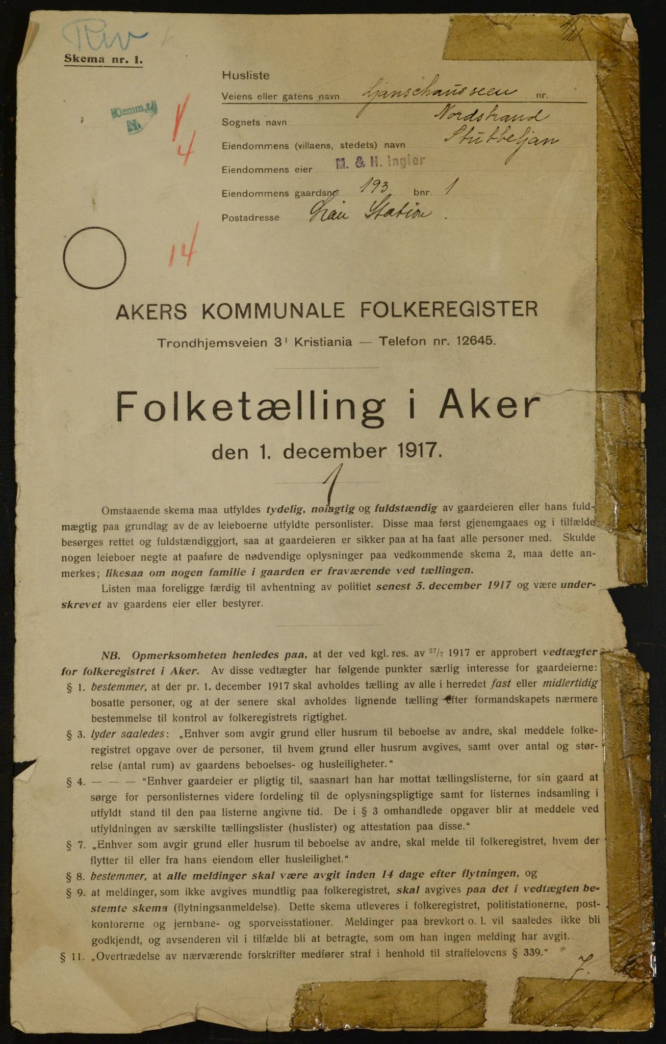 OBA, Kommunal folketelling 1.12.1917 for Aker, 1917, s. 16223