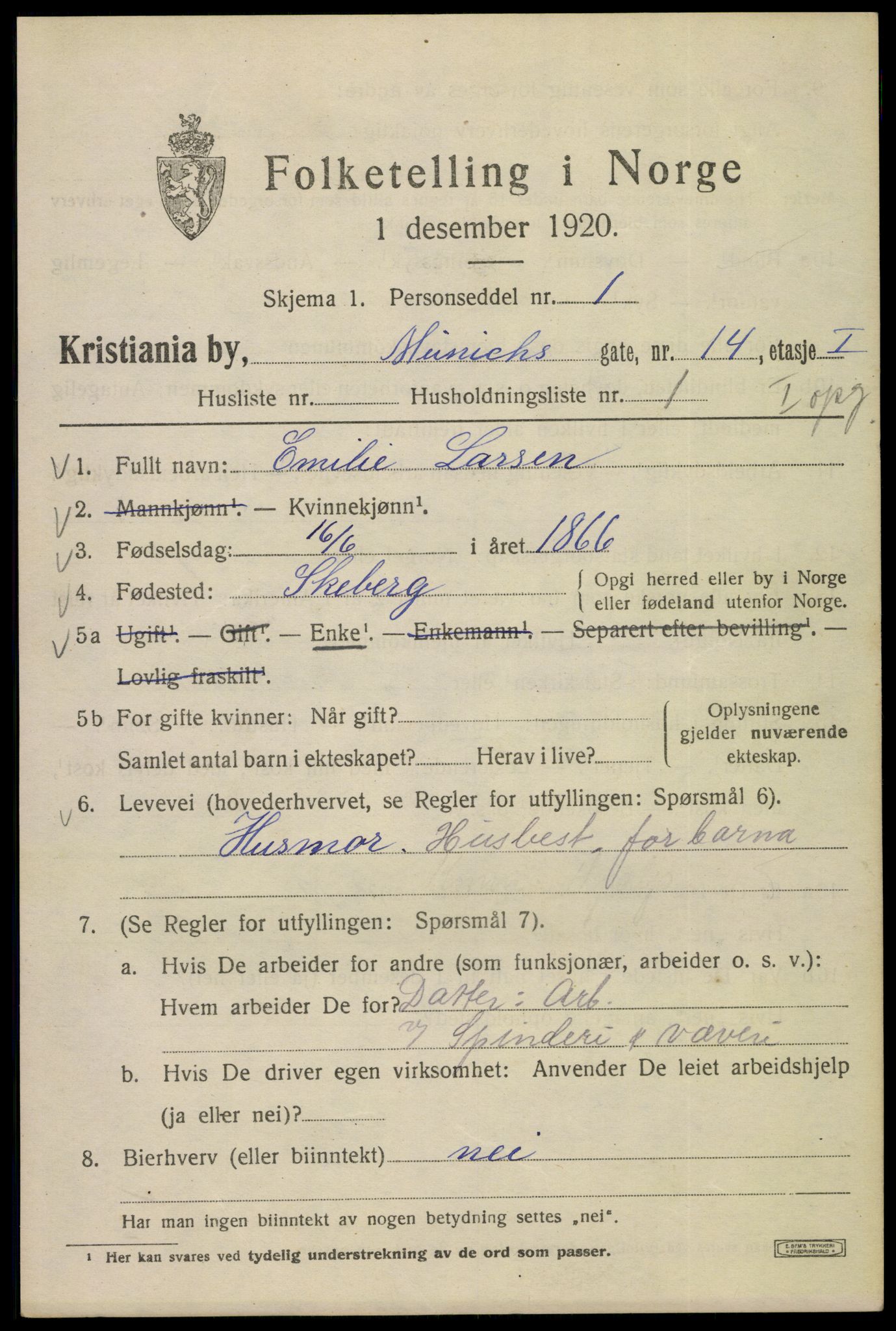 SAO, Folketelling 1920 for 0301 Kristiania kjøpstad, 1920, s. 393575