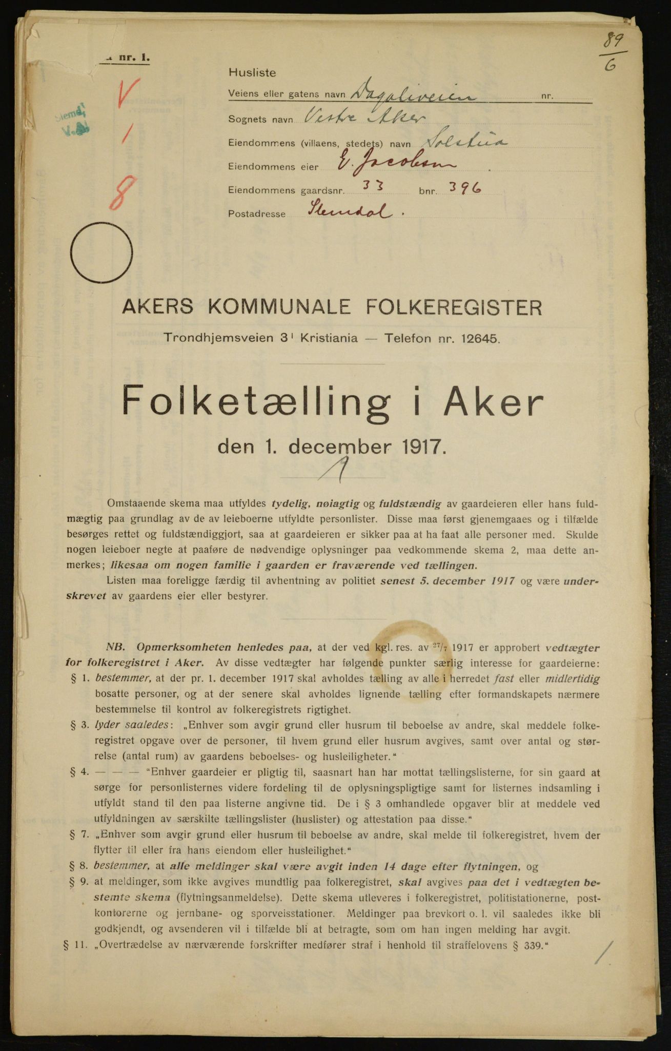 OBA, Kommunal folketelling 1.12.1917 for Aker, 1917, s. 7325