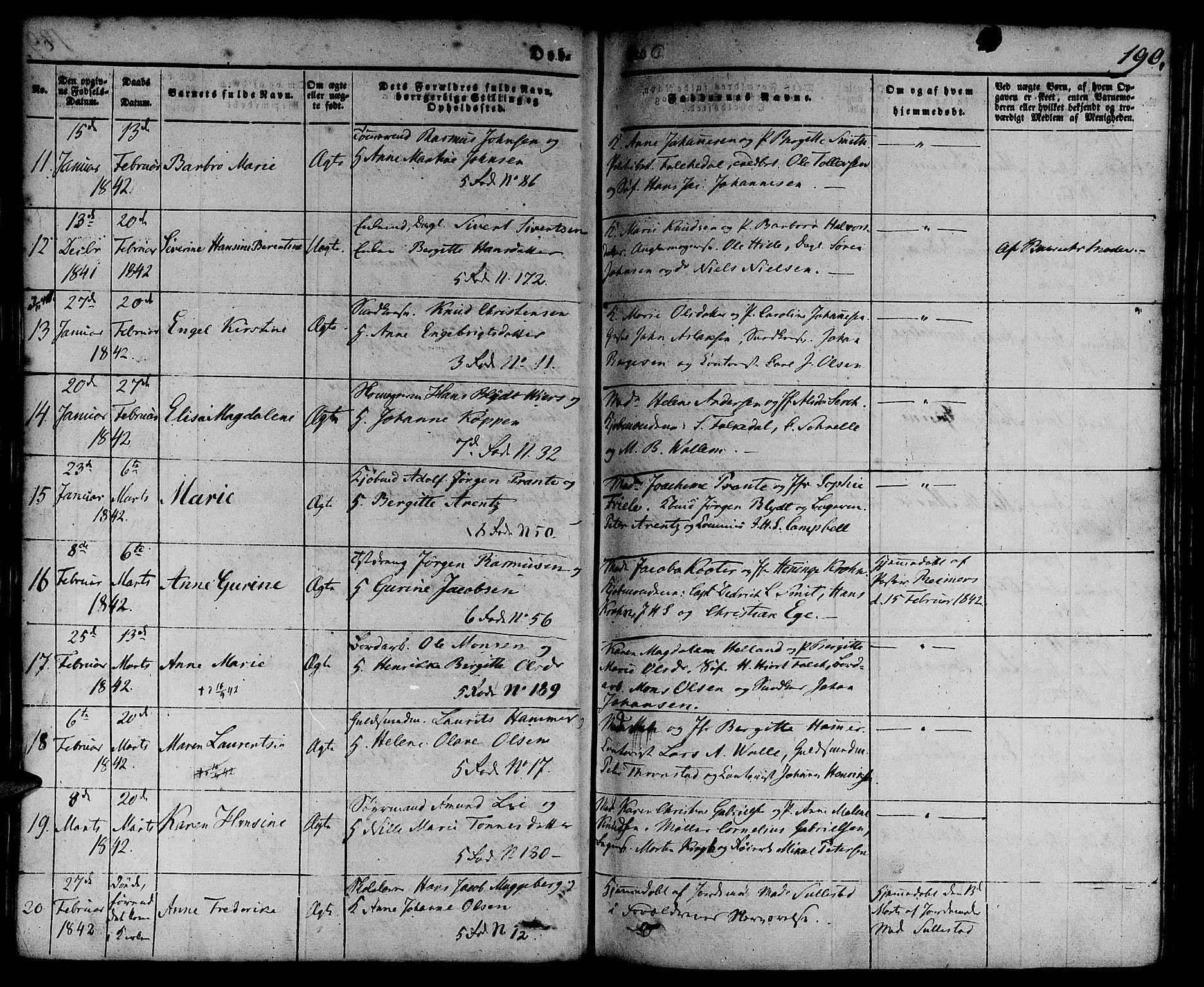 Nykirken Sokneprestembete, AV/SAB-A-77101/H/Hab: Klokkerbok nr. B 1, 1842-1858, s. 190
