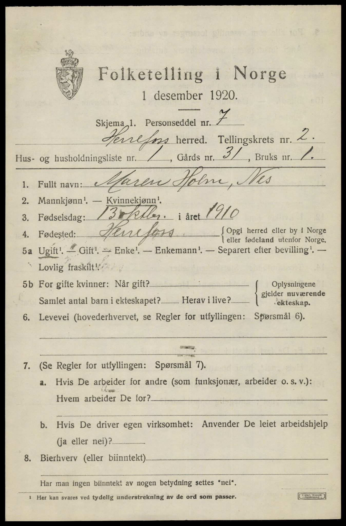 SAK, Folketelling 1920 for 0933 Herefoss herred, 1920, s. 330