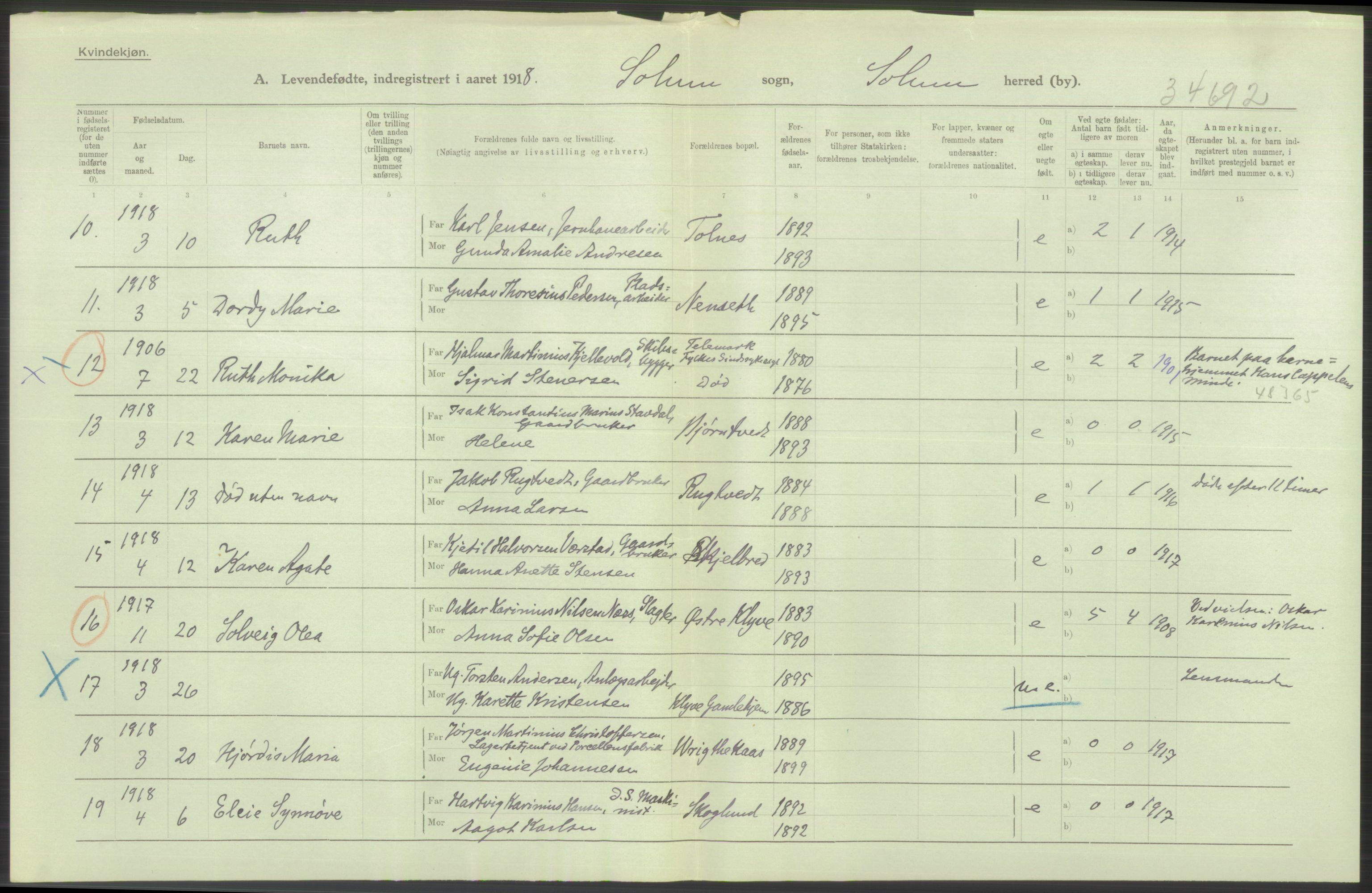 Statistisk sentralbyrå, Sosiodemografiske emner, Befolkning, AV/RA-S-2228/D/Df/Dfb/Dfbh/L0024: Telemark fylke: Levendefødte menn og kvinner. Bygder og byer., 1918, s. 314