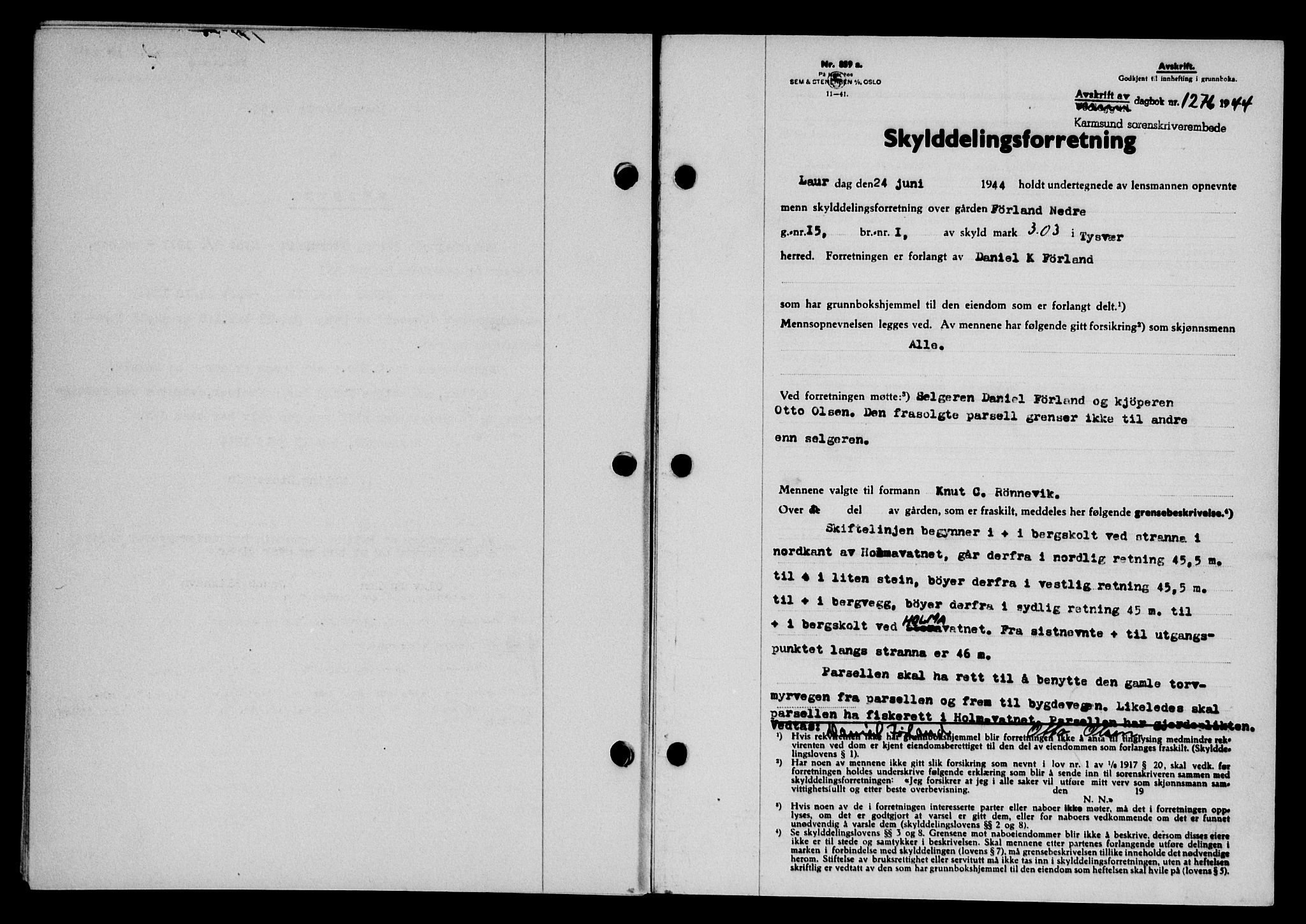 Karmsund sorenskriveri, SAST/A-100311/01/II/IIB/L0082: Pantebok nr. 63A, 1944-1944, Dagboknr: 1276/1944