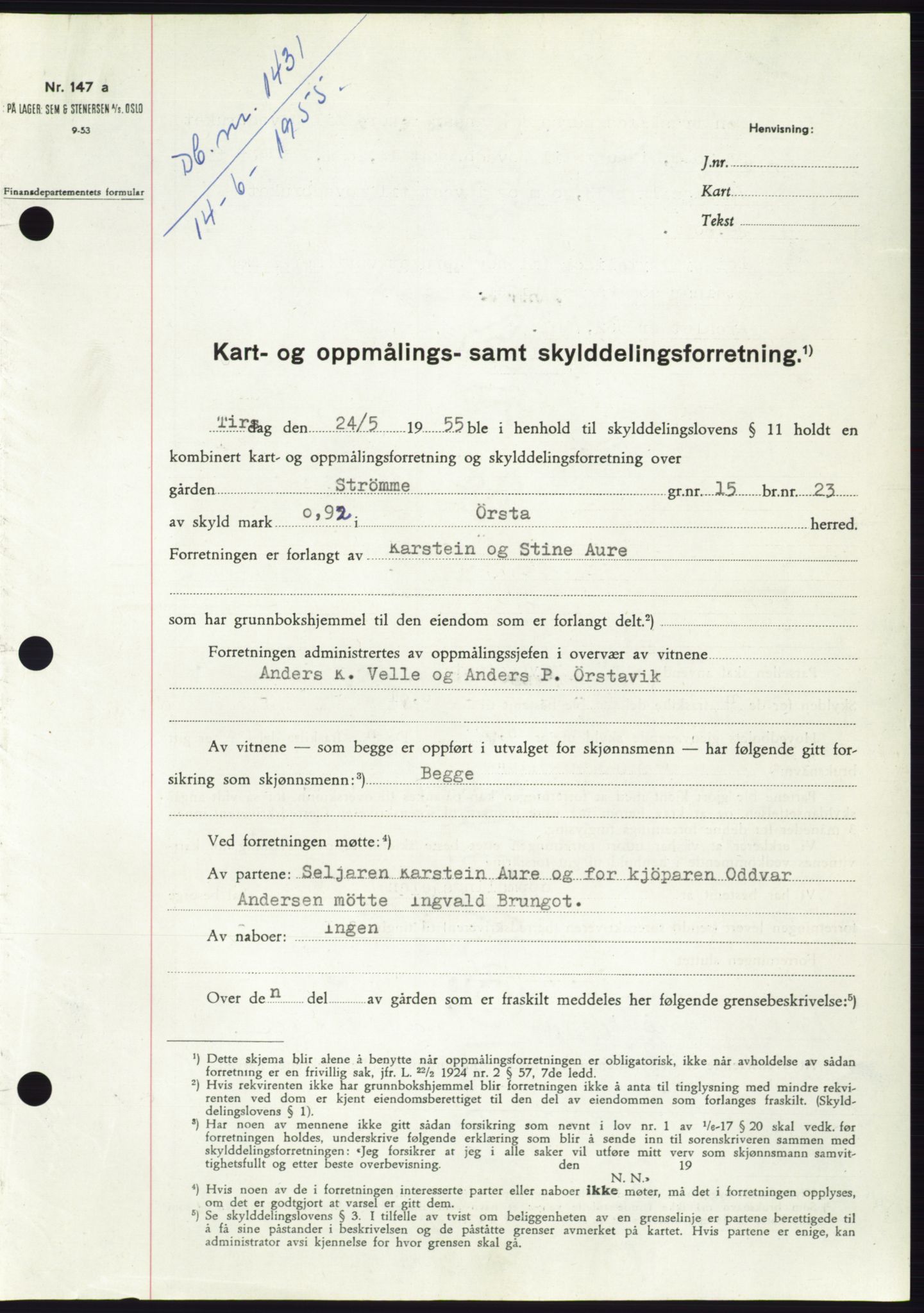 Søre Sunnmøre sorenskriveri, AV/SAT-A-4122/1/2/2C/L0101: Pantebok nr. 27A, 1955-1955, Dagboknr: 1431/1955