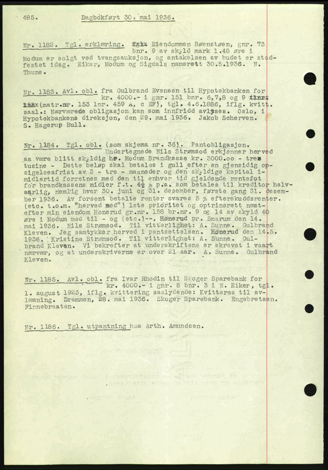 Eiker, Modum og Sigdal sorenskriveri, SAKO/A-123/G/Ga/Gab/L0032: Pantebok nr. A2, 1936-1936, Dagboknr: 1182/1936