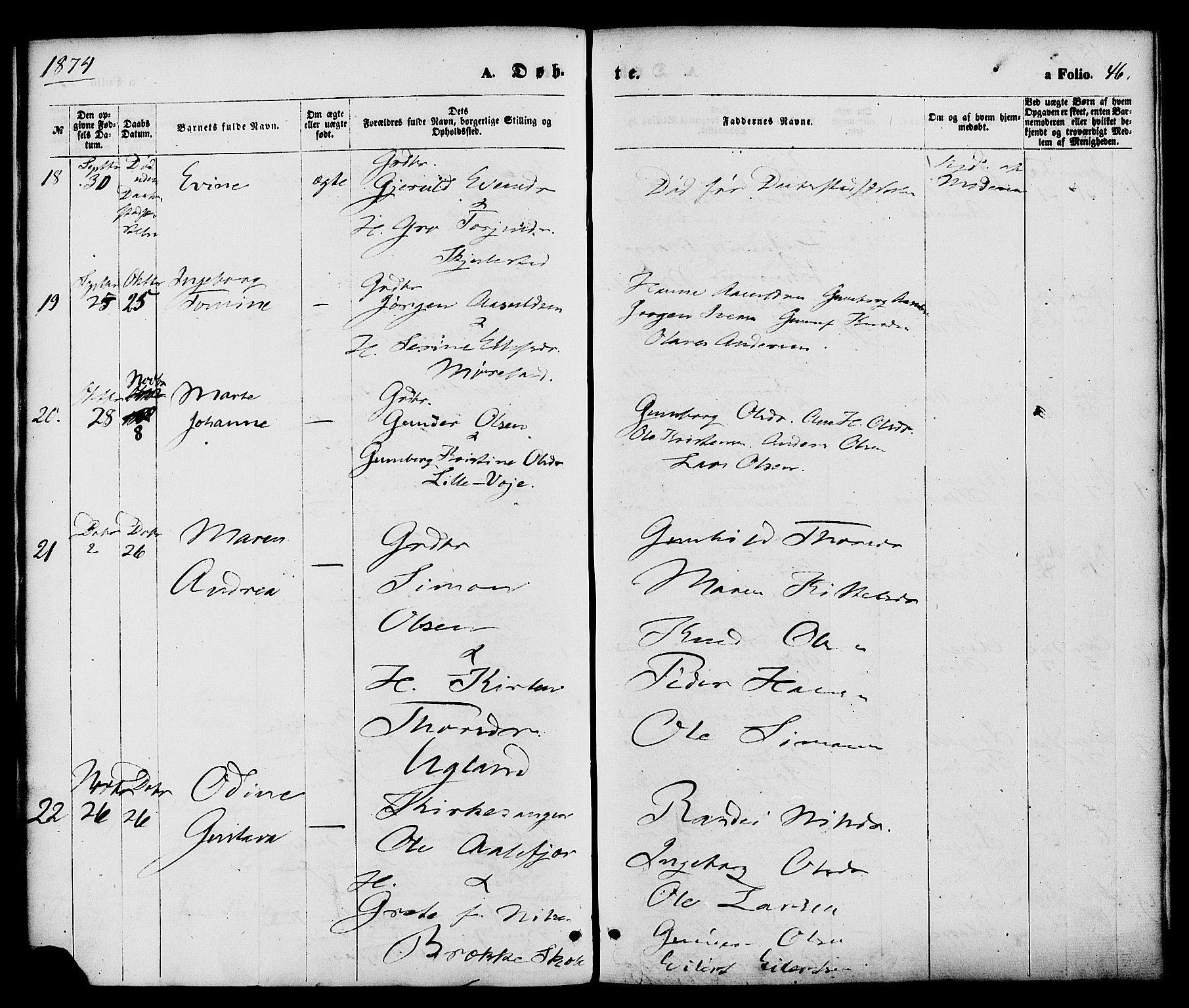 Austre Moland sokneprestkontor, AV/SAK-1111-0001/F/Fa/Faa/L0009: Ministerialbok nr. A 9, 1869-1879, s. 46