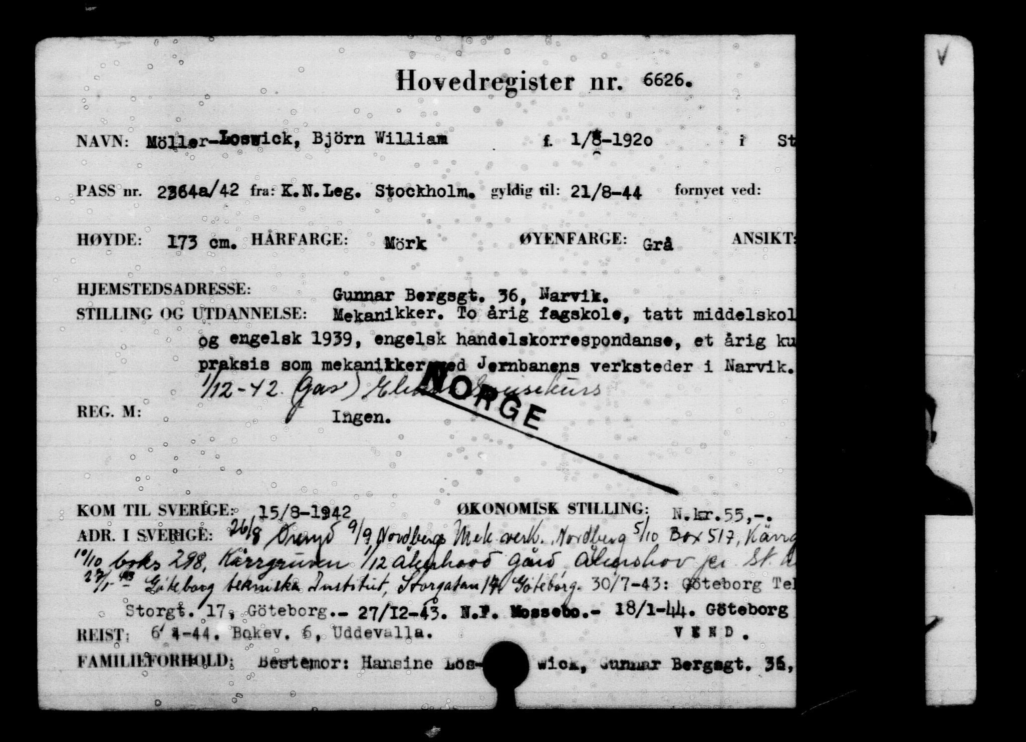 Utenriksstasjonene, Legasjonen i Stockholm, Flyktningkontoret, AV/RA-S-6753/V/Va/L0005: Kjesäterkartoteket, flyktninger med registreringsnr. 6600-9417, 1940-1945, s. 36