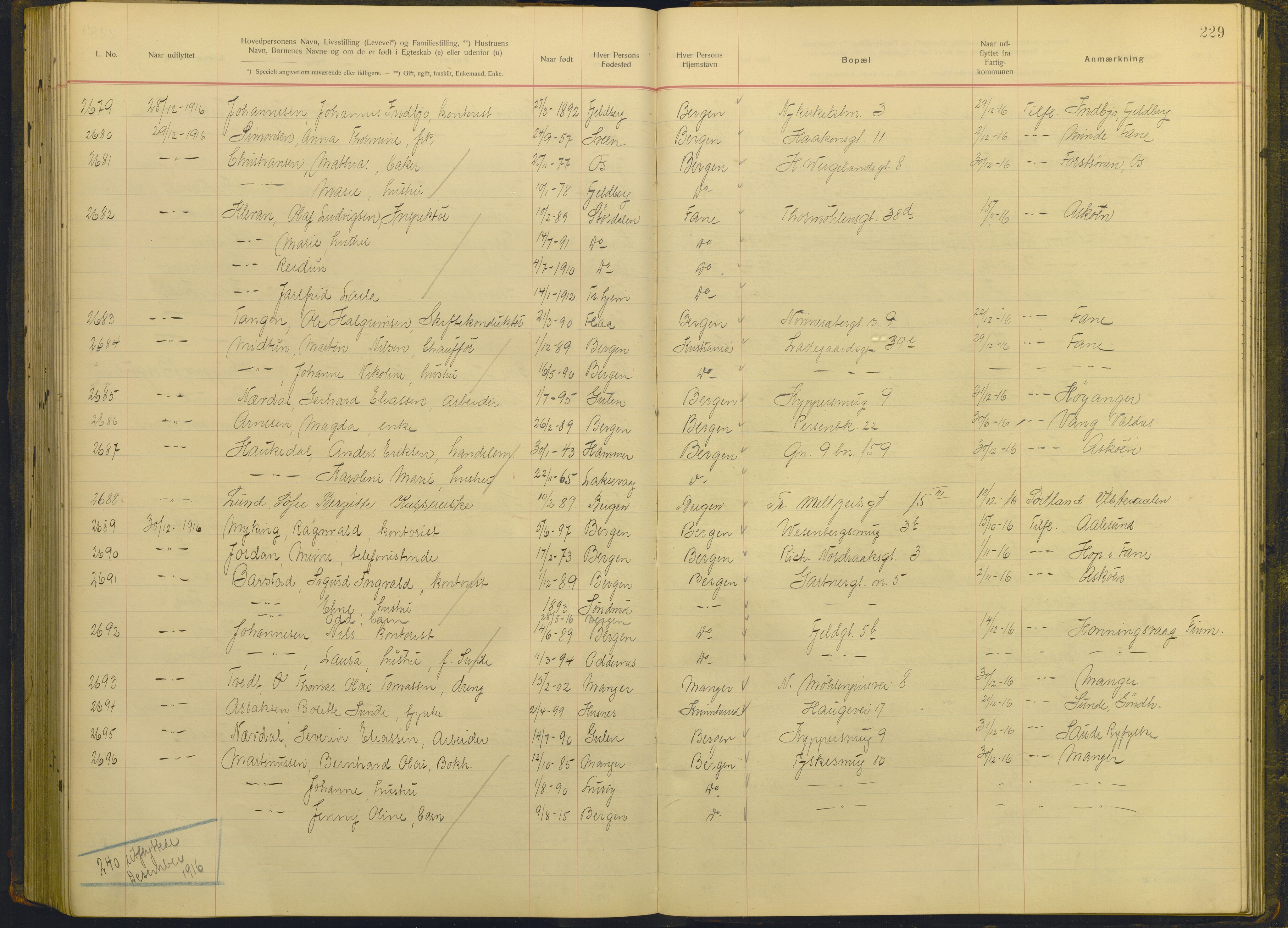 Bergen politikammer / politidistrikt, AV/SAB-A-60401/J.g/L0010: Protokoll over utflyttede, 1914-1917, s. 229