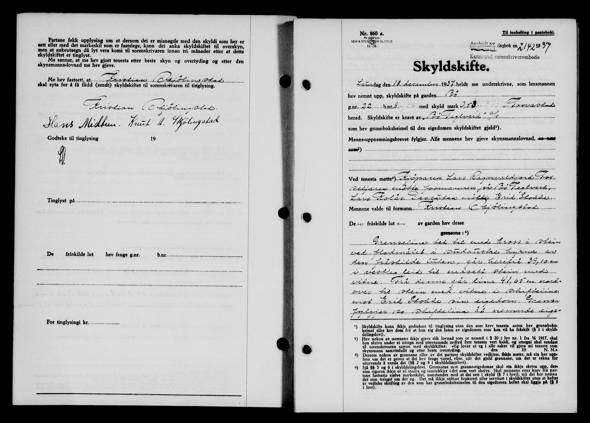 Karmsund sorenskriveri, SAST/A-100311/01/II/IIB/L0069: Pantebok nr. 50A, 1937-1938, Dagboknr: 2142/1937