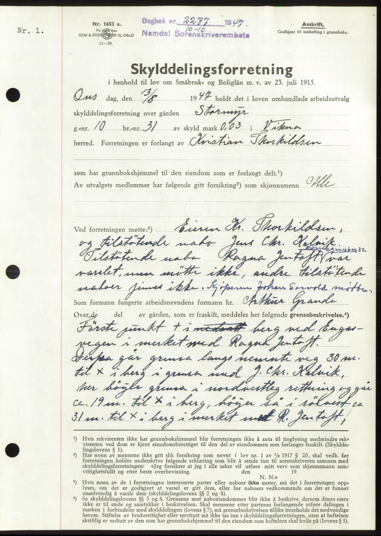 Namdal sorenskriveri, SAT/A-4133/1/2/2C: Pantebok nr. -, 1947-1947, Dagboknr: 2277/1947