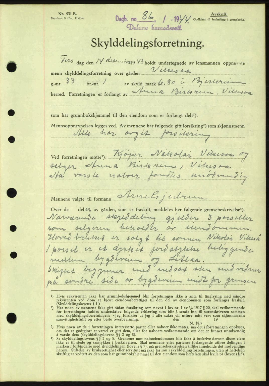 Dalane sorenskriveri, SAST/A-100309/02/G/Gb/L0047: Pantebok nr. A8 I, 1944-1945, Dagboknr: 86/1944