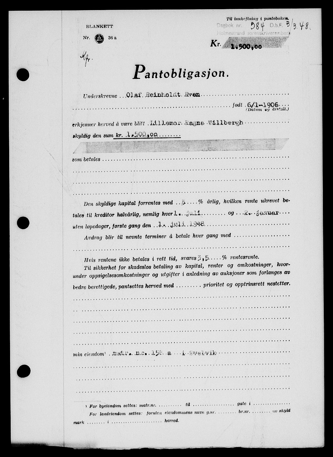Holmestrand sorenskriveri, SAKO/A-67/G/Ga/Gab/L0058: Pantebok nr. B-58, 1947-1948, Dagboknr: 384/1948