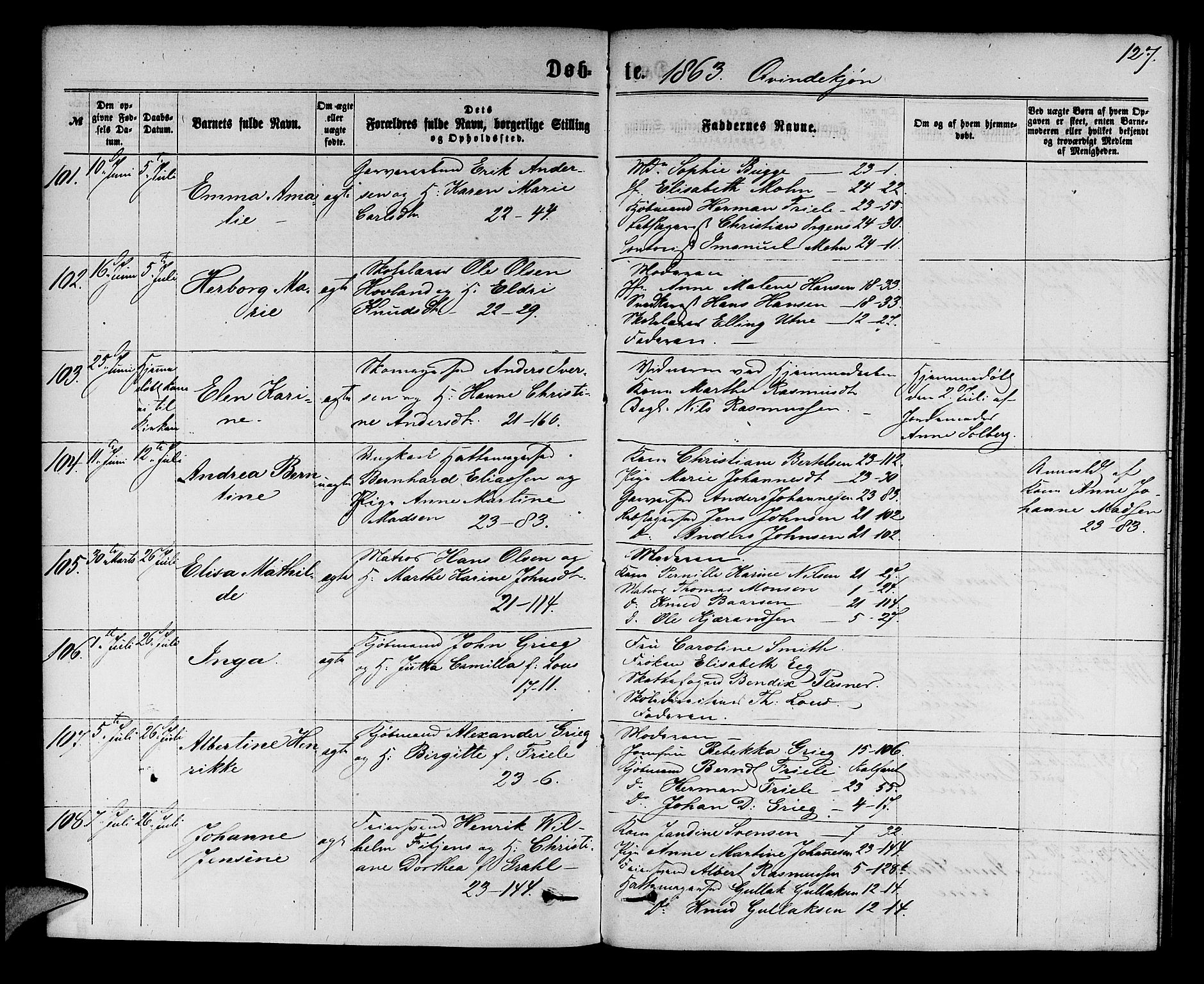 Korskirken sokneprestembete, AV/SAB-A-76101/H/Hab: Klokkerbok nr. B 5, 1863-1868, s. 127