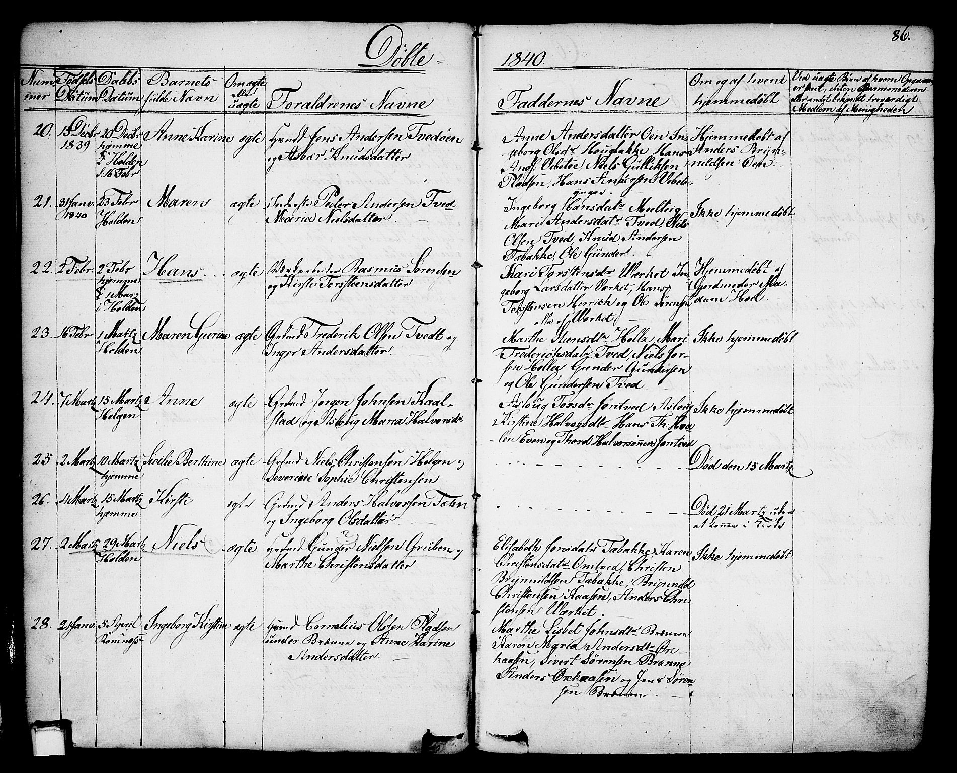 Holla kirkebøker, AV/SAKO-A-272/F/Fa/L0004: Ministerialbok nr. 4, 1830-1848, s. 86