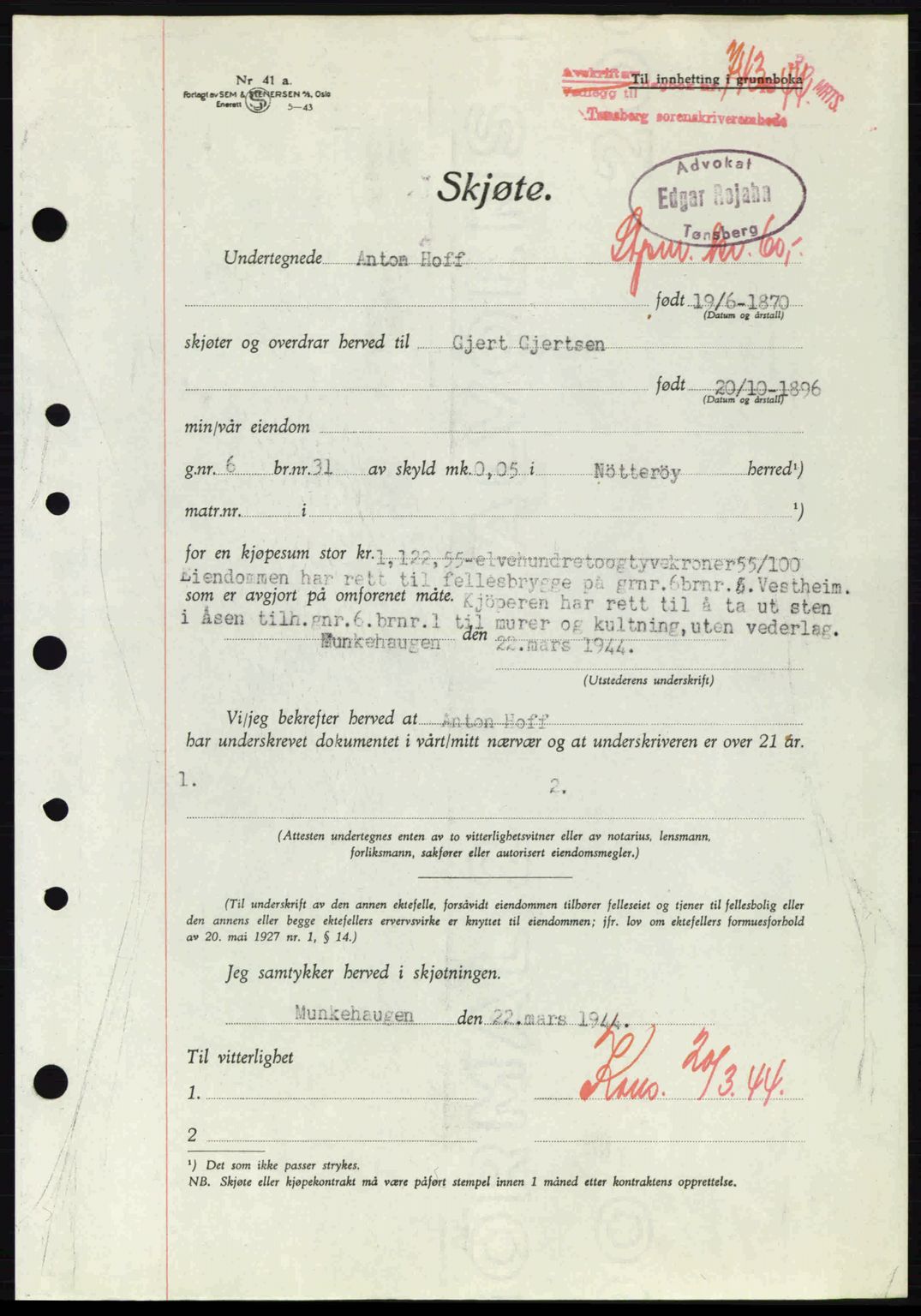 Tønsberg sorenskriveri, AV/SAKO-A-130/G/Ga/Gaa/L0015: Pantebok nr. A15, 1944-1944, Dagboknr: 743/1944