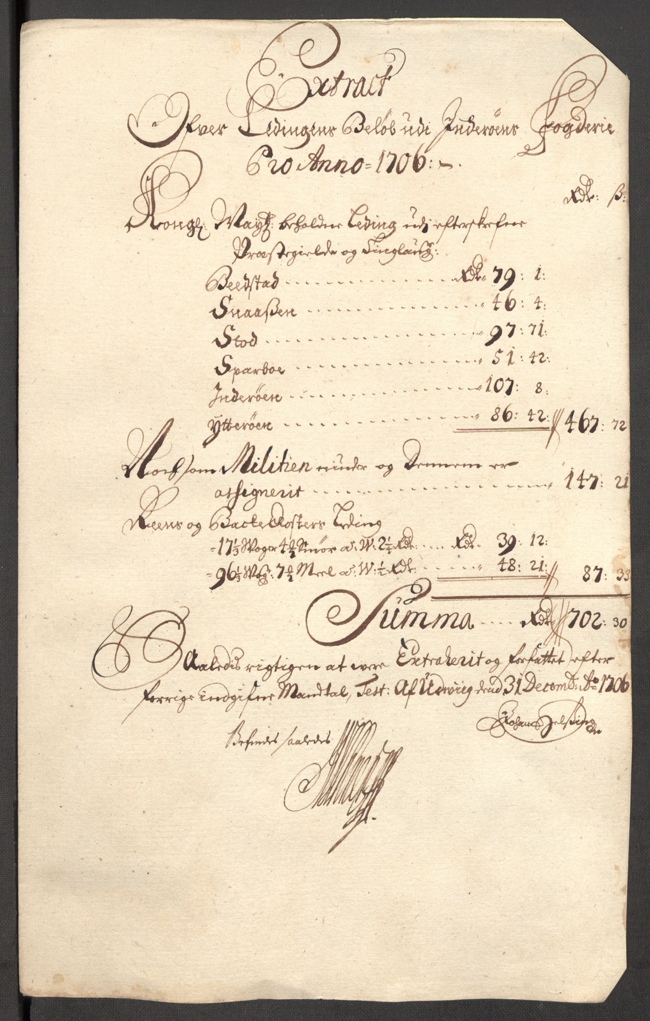 Rentekammeret inntil 1814, Reviderte regnskaper, Fogderegnskap, RA/EA-4092/R63/L4315: Fogderegnskap Inderøy, 1706-1707, s. 161