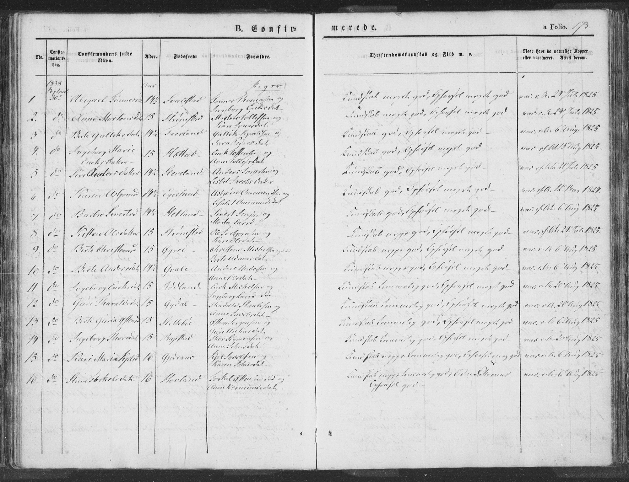 Helleland sokneprestkontor, SAST/A-101810: Ministerialbok nr. A 6.1, 1834-1863, s. 173