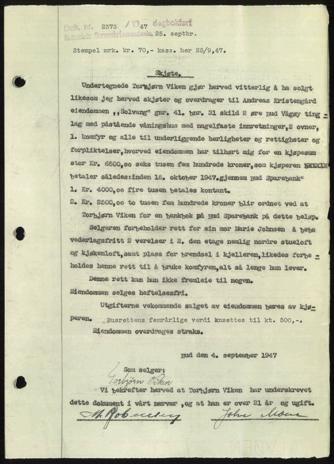 Romsdal sorenskriveri, SAT/A-4149/1/2/2C: Pantebok nr. A24, 1947-1947, Dagboknr: 2373/1947