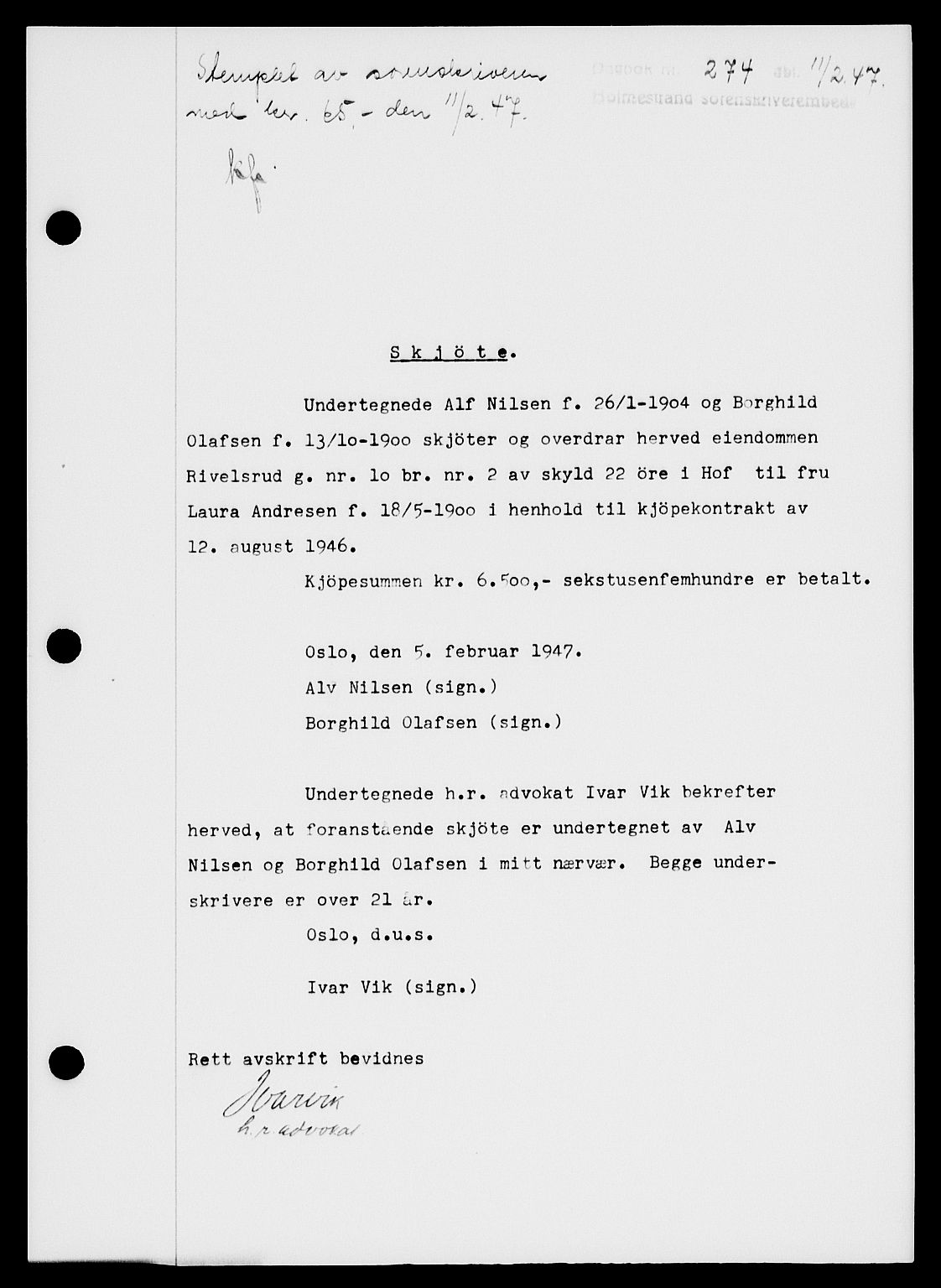Holmestrand sorenskriveri, SAKO/A-67/G/Ga/Gaa/L0061: Pantebok nr. A-61, 1946-1947, Dagboknr: 274/1947