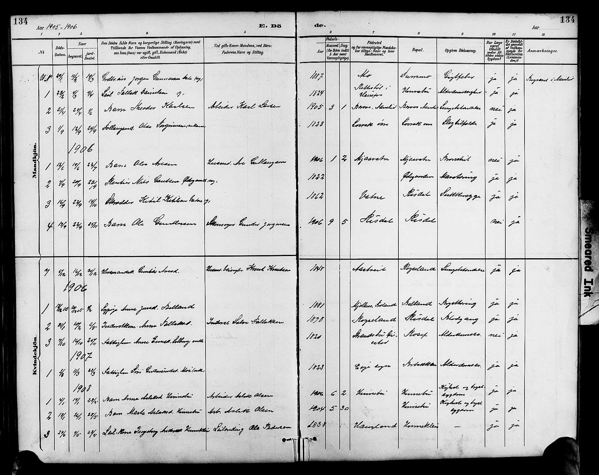 Herefoss sokneprestkontor, SAK/1111-0019/F/Fb/Fbc/L0003: Klokkerbok nr. B 3, 1887-1915, s. 134