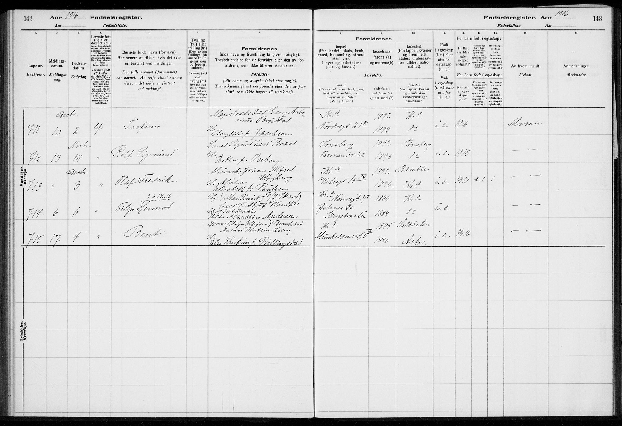 Rikshospitalet prestekontor Kirkebøker, AV/SAO-A-10309b/J/L0001: Fødselsregister nr. 1, 1916-1916, s. 143