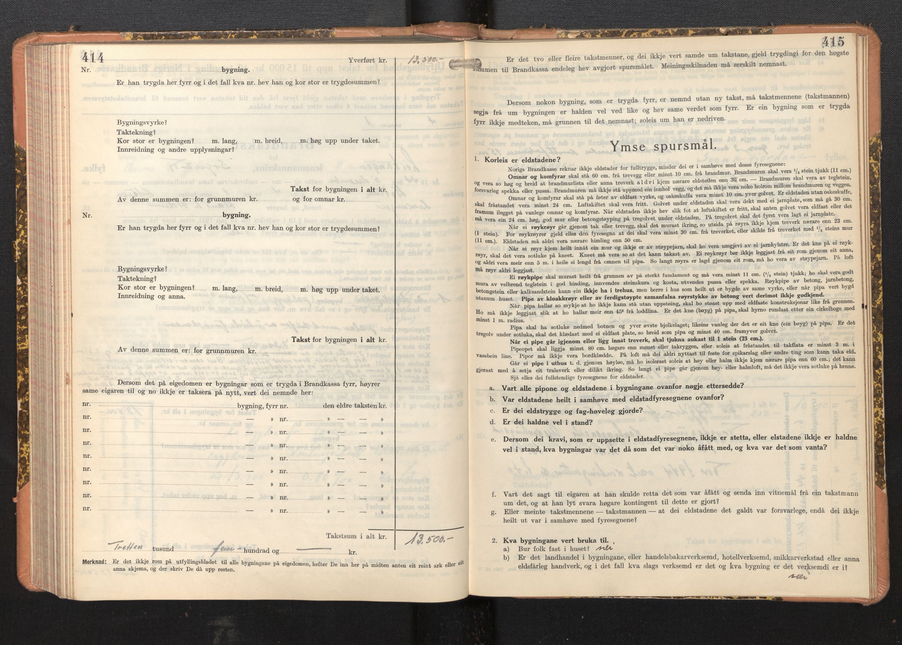 Lensmannen i Leikanger, AV/SAB-A-29201/0012/L0008: Branntakstprotokoll, skjematakst, 1937-1946, s. 414-415