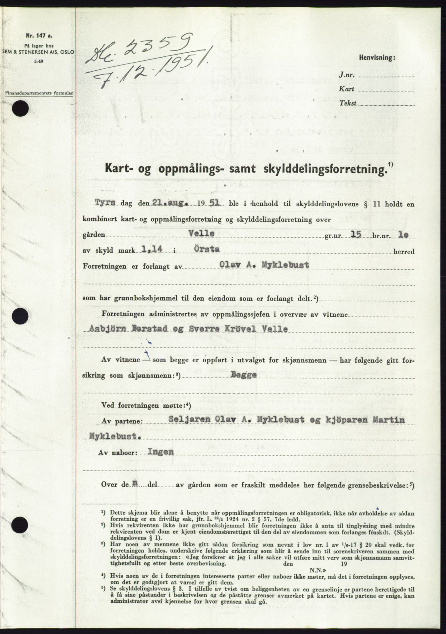 Søre Sunnmøre sorenskriveri, AV/SAT-A-4122/1/2/2C/L0090: Pantebok nr. 16A, 1951-1951, Dagboknr: 2359/1951