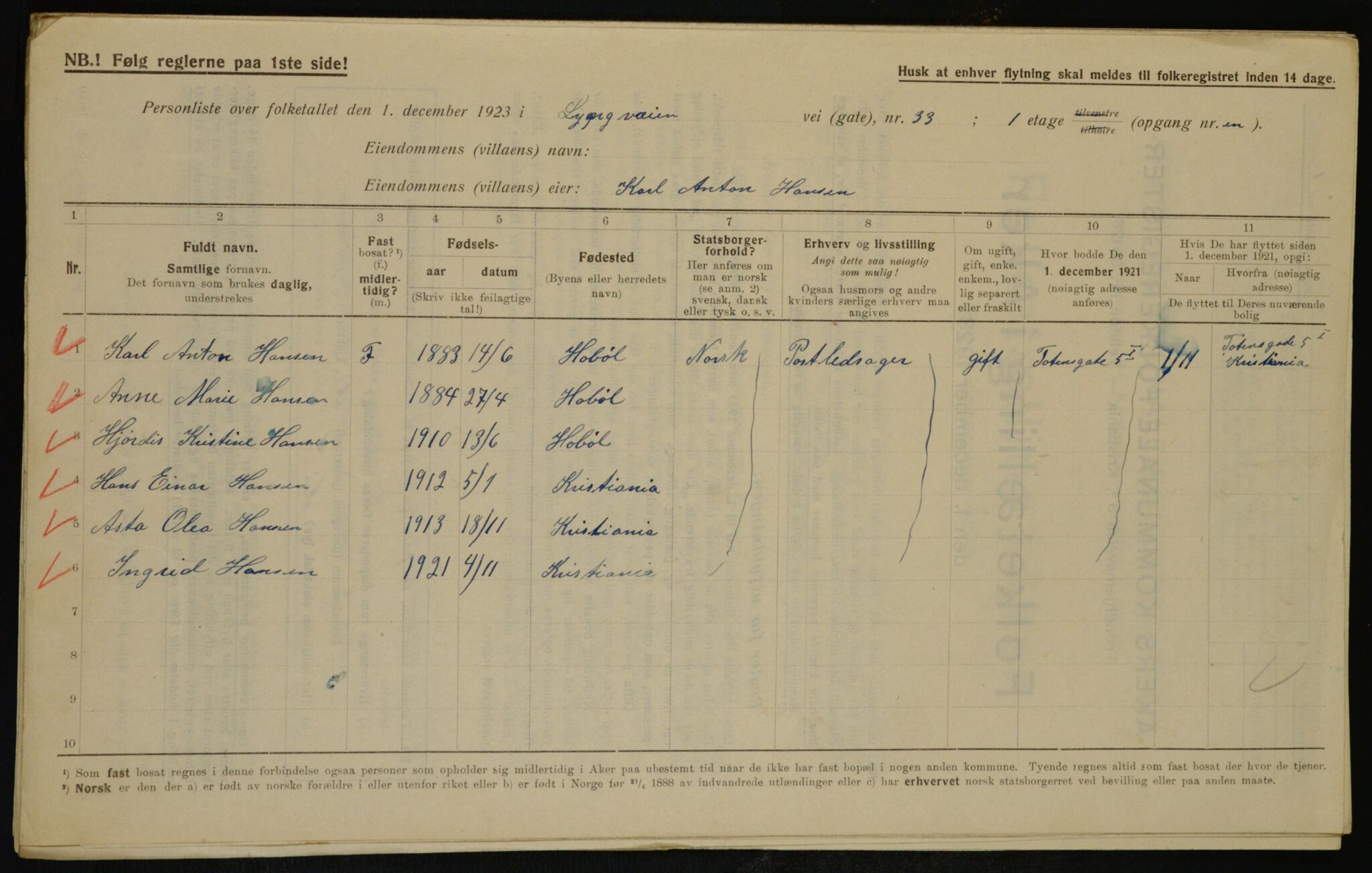 , Kommunal folketelling 1.12.1923 for Aker, 1923, s. 41997