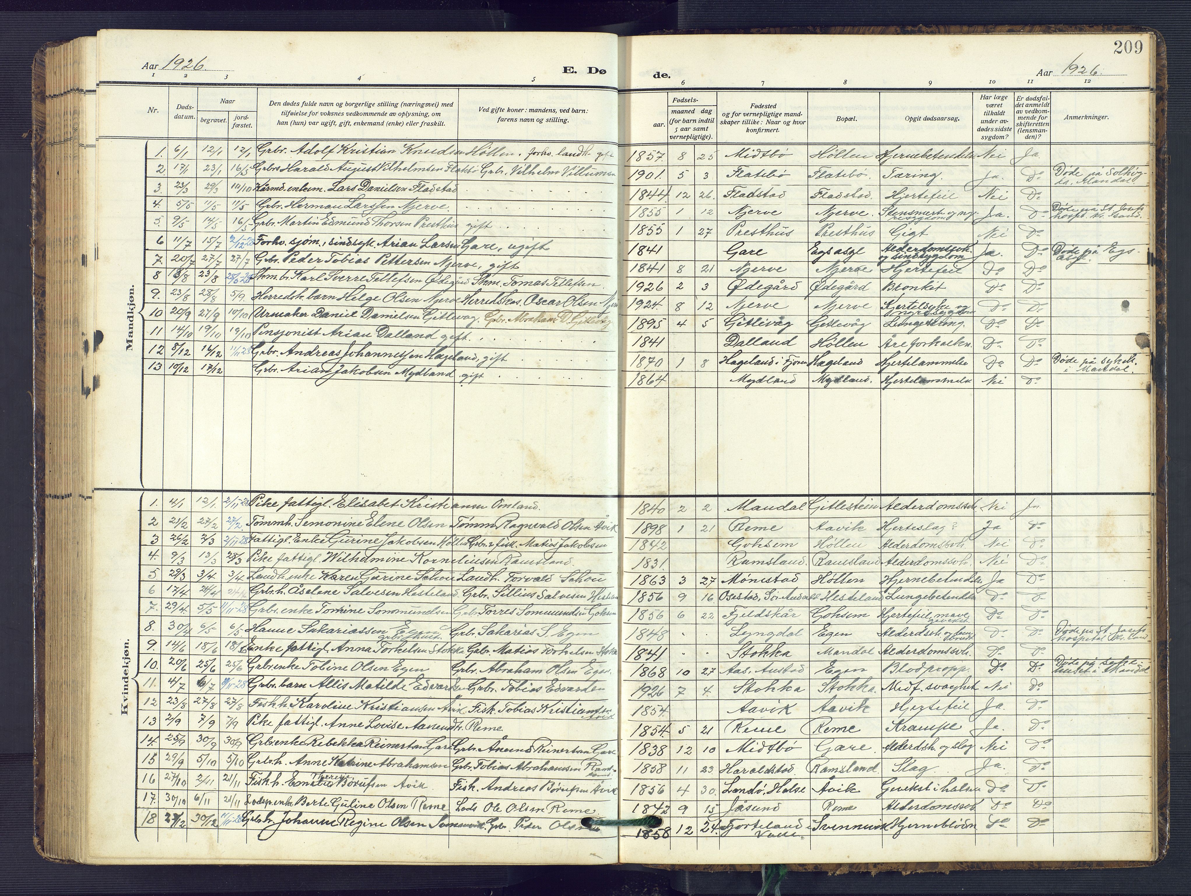 Sør-Audnedal sokneprestkontor, SAK/1111-0039/F/Fb/Fba/L0005: Klokkerbok nr. B 5, 1908-1963, s. 209