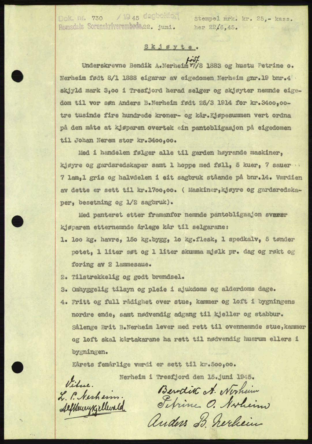 Romsdal sorenskriveri, SAT/A-4149/1/2/2C: Pantebok nr. A18, 1945-1945, Dagboknr: 730/1945