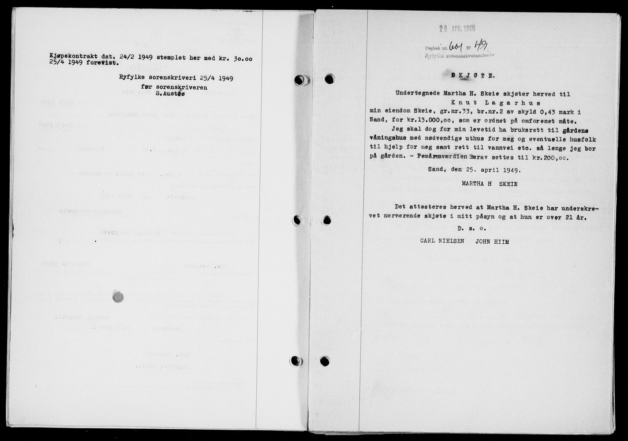 Ryfylke tingrett, SAST/A-100055/001/II/IIB/L0104: Pantebok nr. 83, 1948-1949, Dagboknr: 601/1949