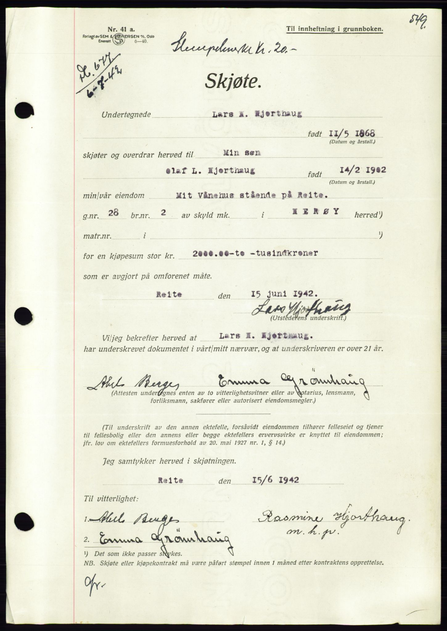 Søre Sunnmøre sorenskriveri, AV/SAT-A-4122/1/2/2C/L0073: Pantebok nr. 67, 1941-1942, Dagboknr: 677/1942