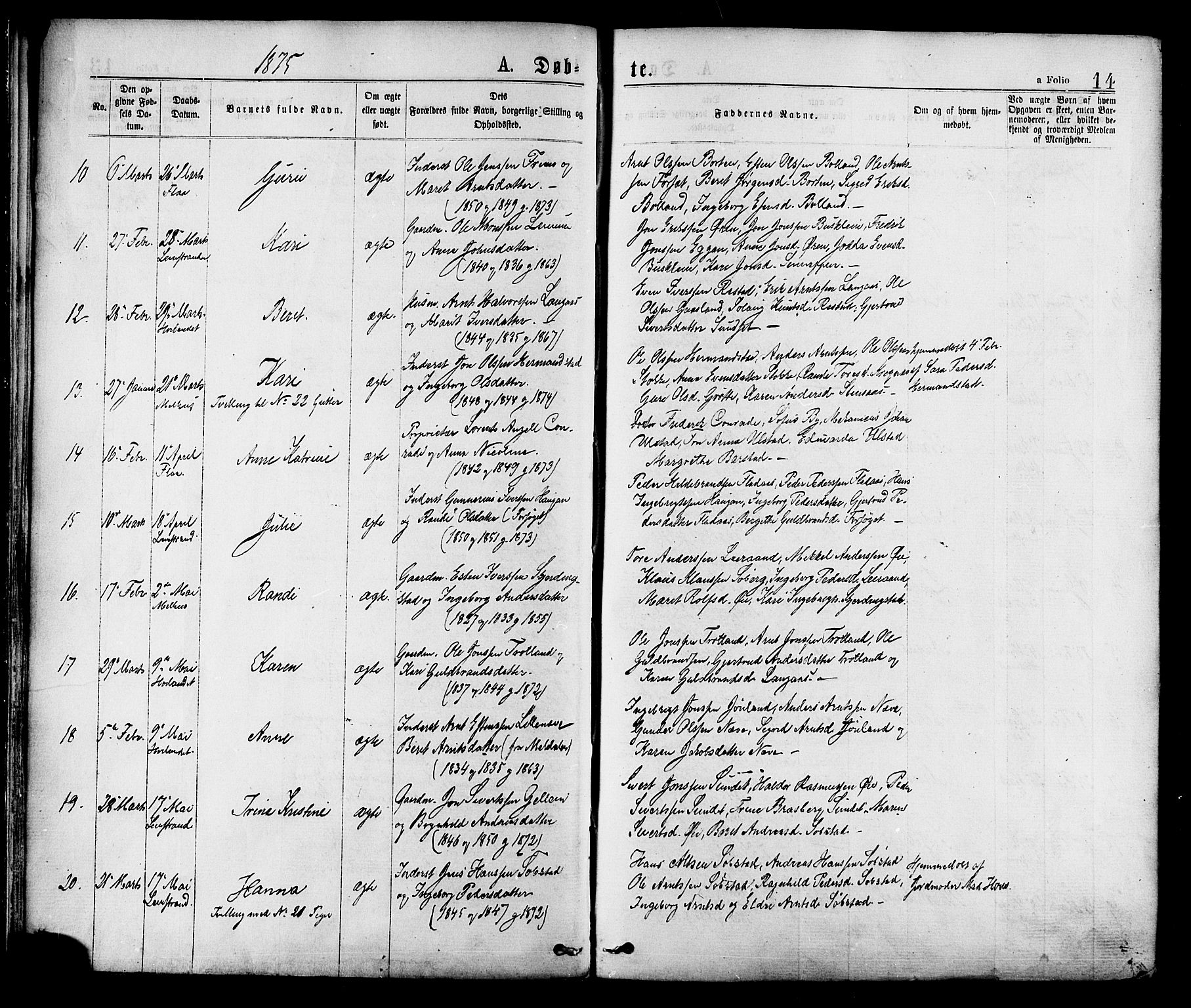 Ministerialprotokoller, klokkerbøker og fødselsregistre - Sør-Trøndelag, AV/SAT-A-1456/691/L1079: Ministerialbok nr. 691A11, 1873-1886, s. 14