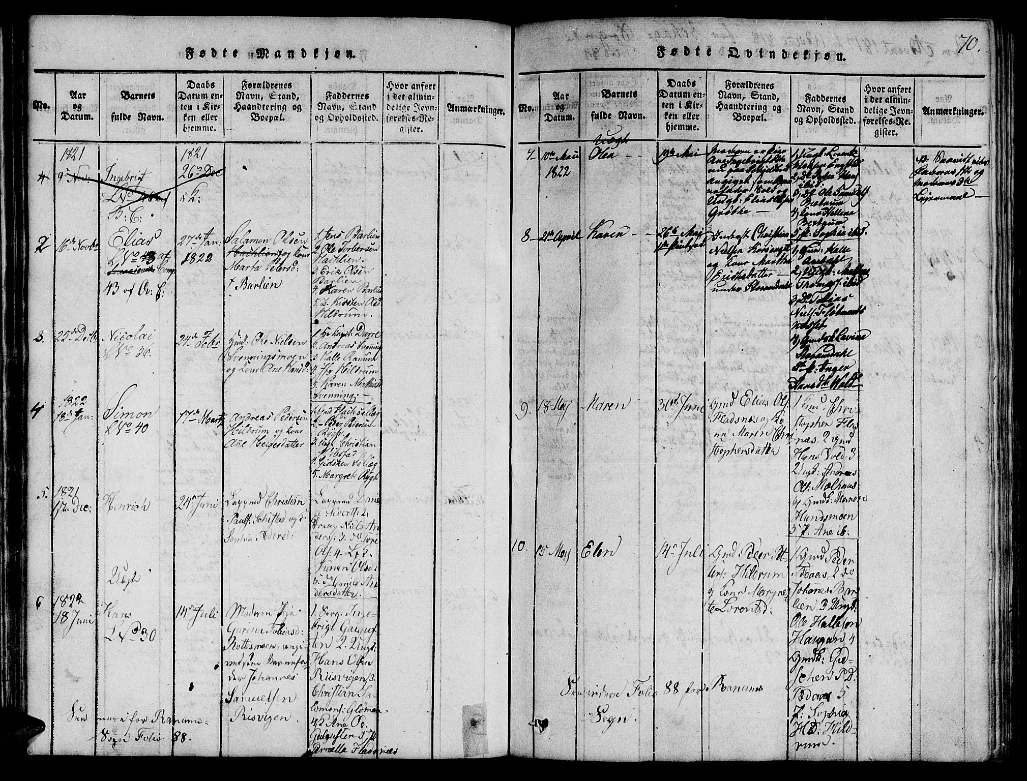 Ministerialprotokoller, klokkerbøker og fødselsregistre - Nord-Trøndelag, SAT/A-1458/764/L0546: Ministerialbok nr. 764A06 /1, 1816-1823, s. 70