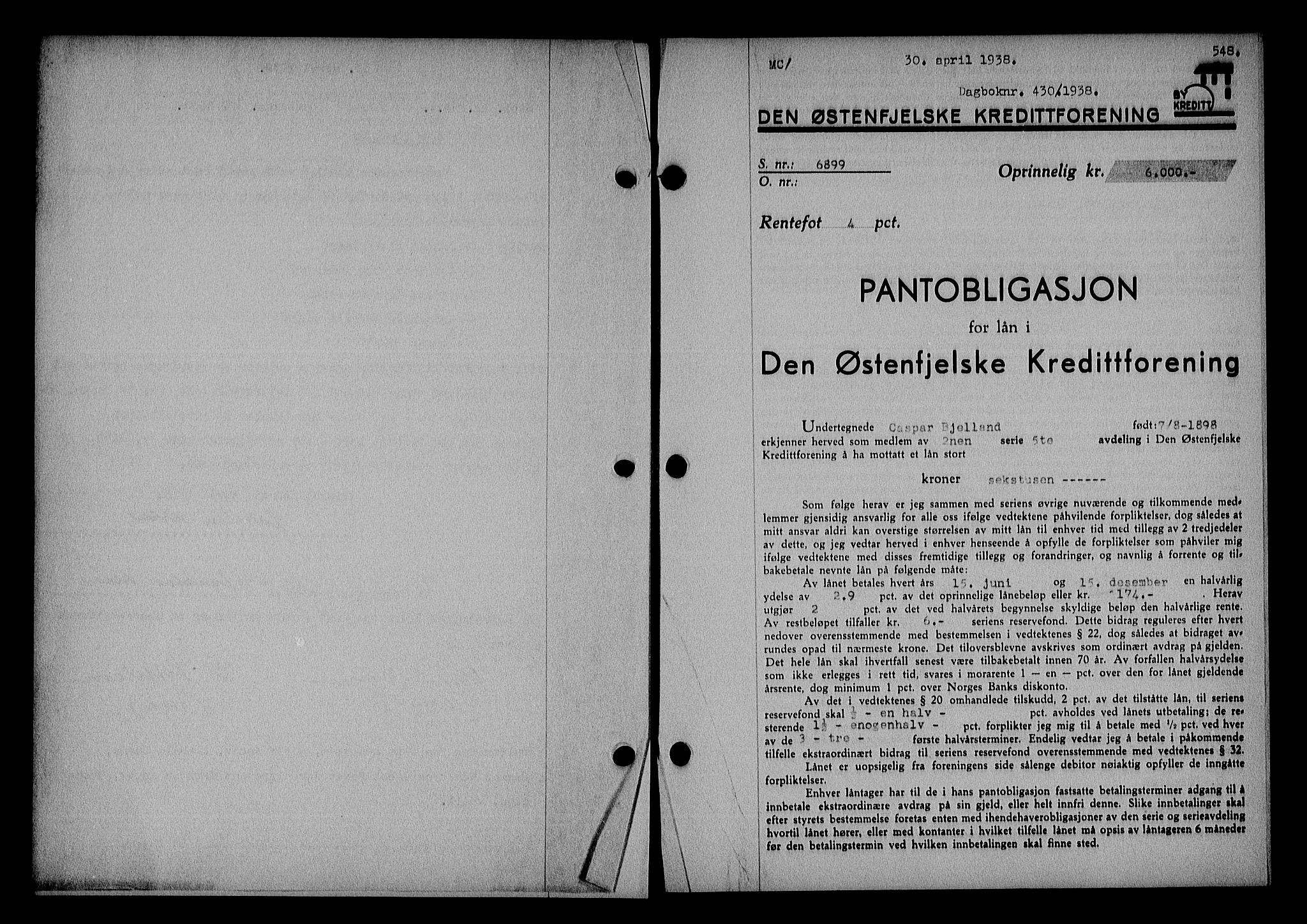 Nedenes sorenskriveri, SAK/1221-0006/G/Gb/Gba/L0044: Pantebok nr. 40, 1937-1938, Dagboknr: 430/1938