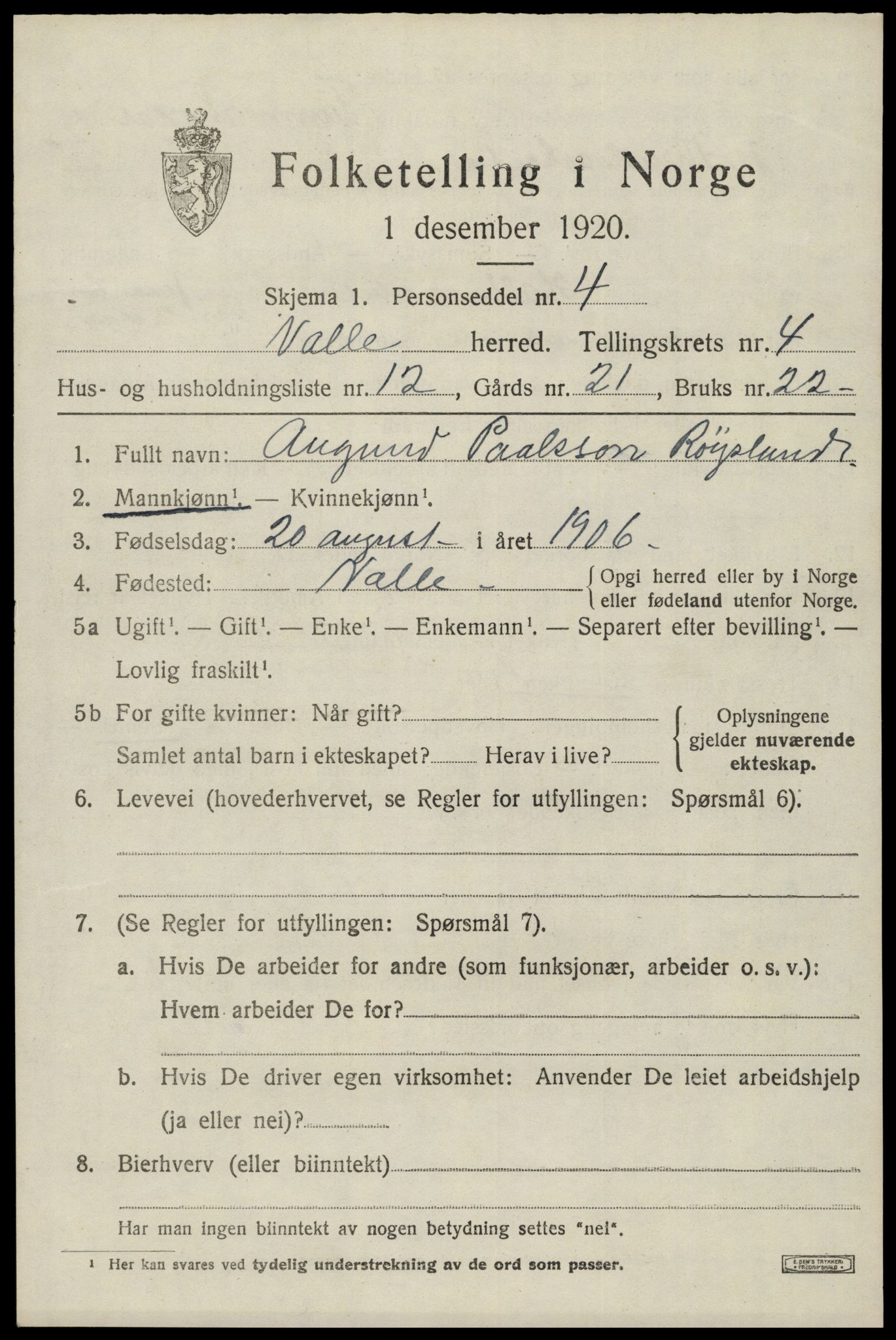 SAK, Folketelling 1920 for 0940 Valle herred, 1920, s. 2119