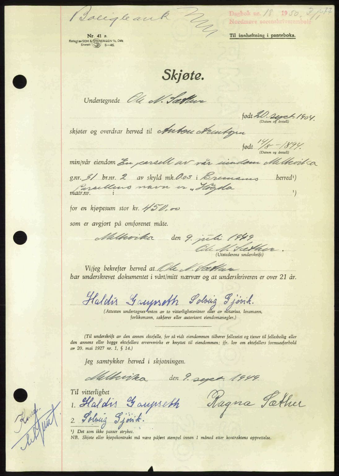 Nordmøre sorenskriveri, AV/SAT-A-4132/1/2/2Ca: Pantebok nr. A113, 1949-1950, Dagboknr: 18/1950